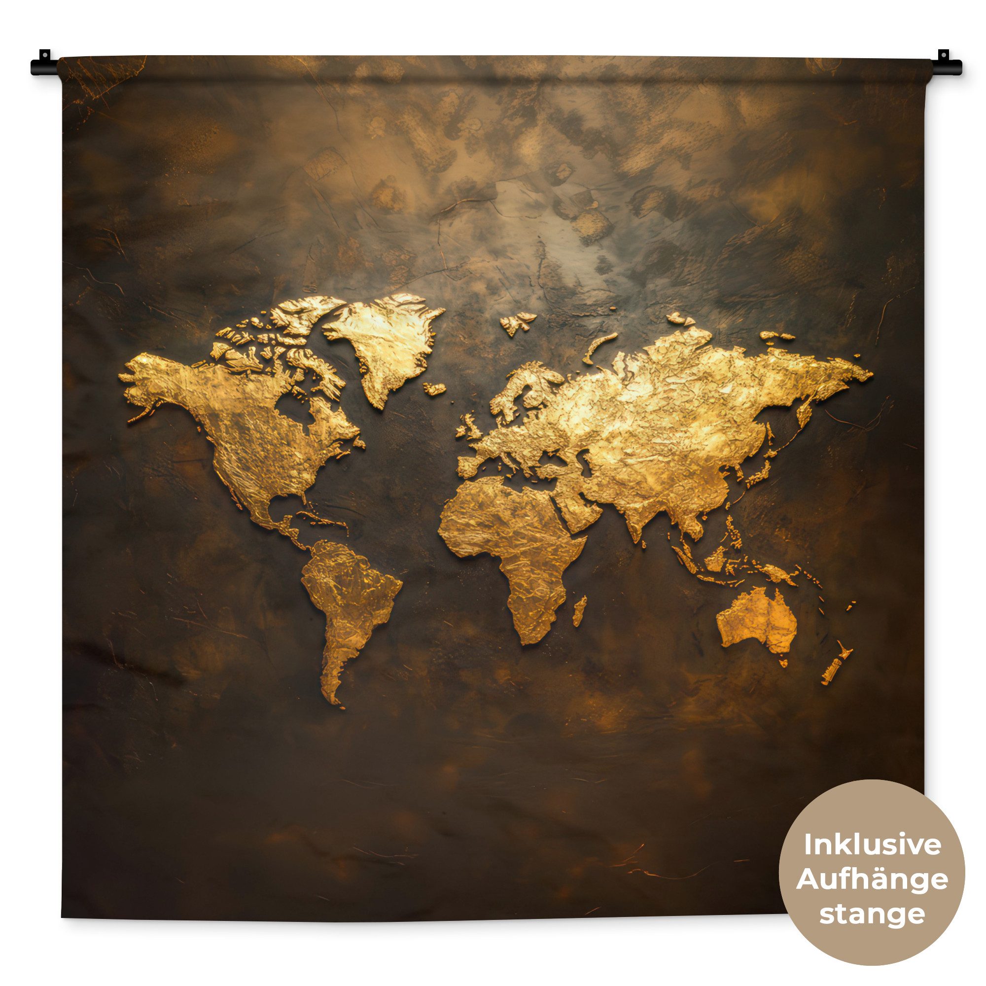 MuchoWow Wandteppich Weltkarte - Gold - Rost, Quadratisch, Höhe: 3 mm, Wandtuch, Wanddekoobjekt, 120x120 cm
