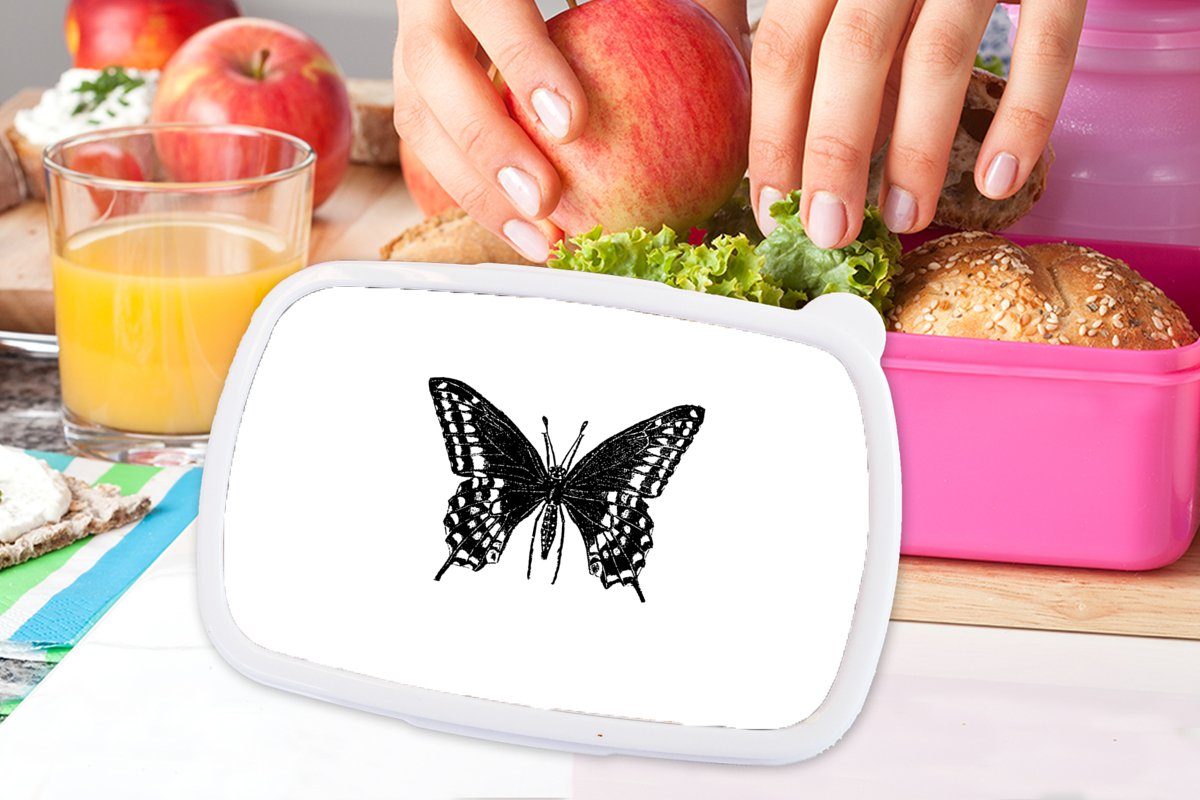 Erwachsene, - und MuchoWow - Brotdose weiß, Schwarz Retro Mädchen, Kunststoff - Snackbox, Kinder, rosa Brotbox für Lunchbox Schmetterling Tiere (2-tlg), Kunststoff,