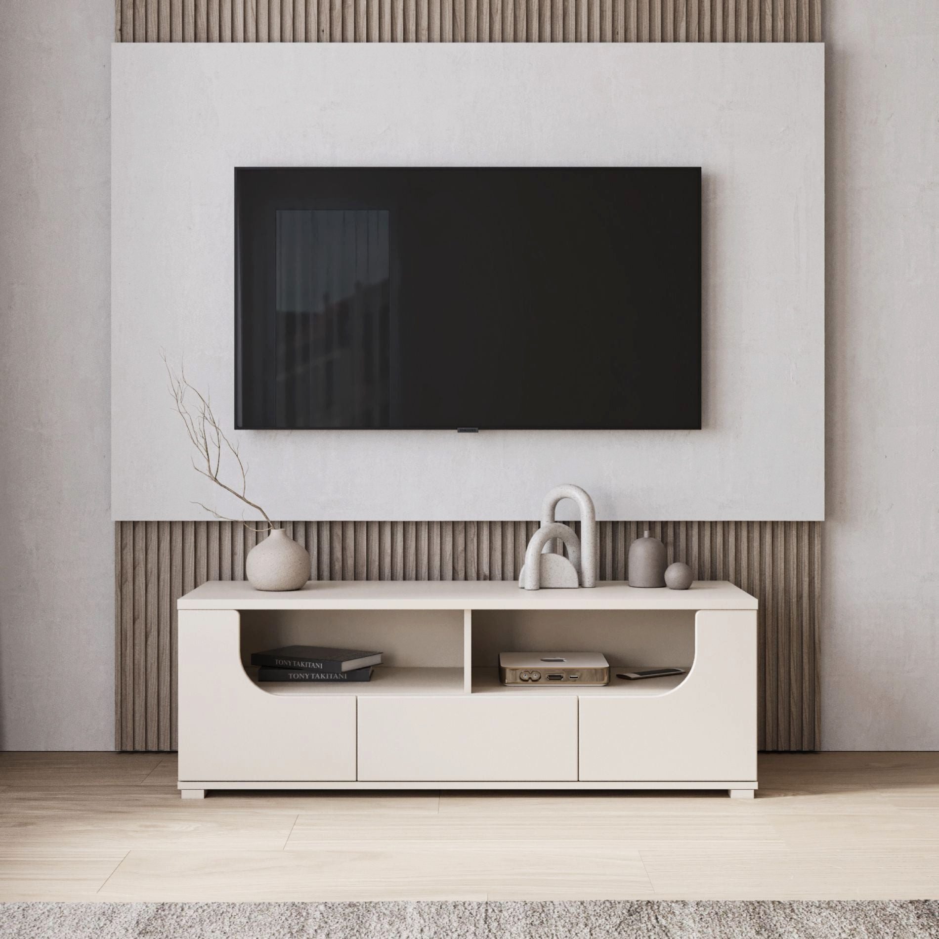 Selsey TV-Schrank VALLES 2-türig mit Schublade und offenen Fächern, Kaschmirgrau, 130 cm