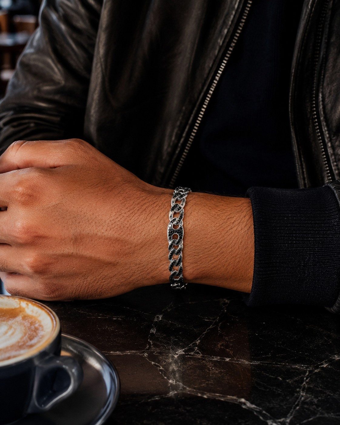 Tony Fein Silberarmband Panzerarmband Kaffebohnen 8 mm 925er Sterling Silber Massiv, Made in Italy