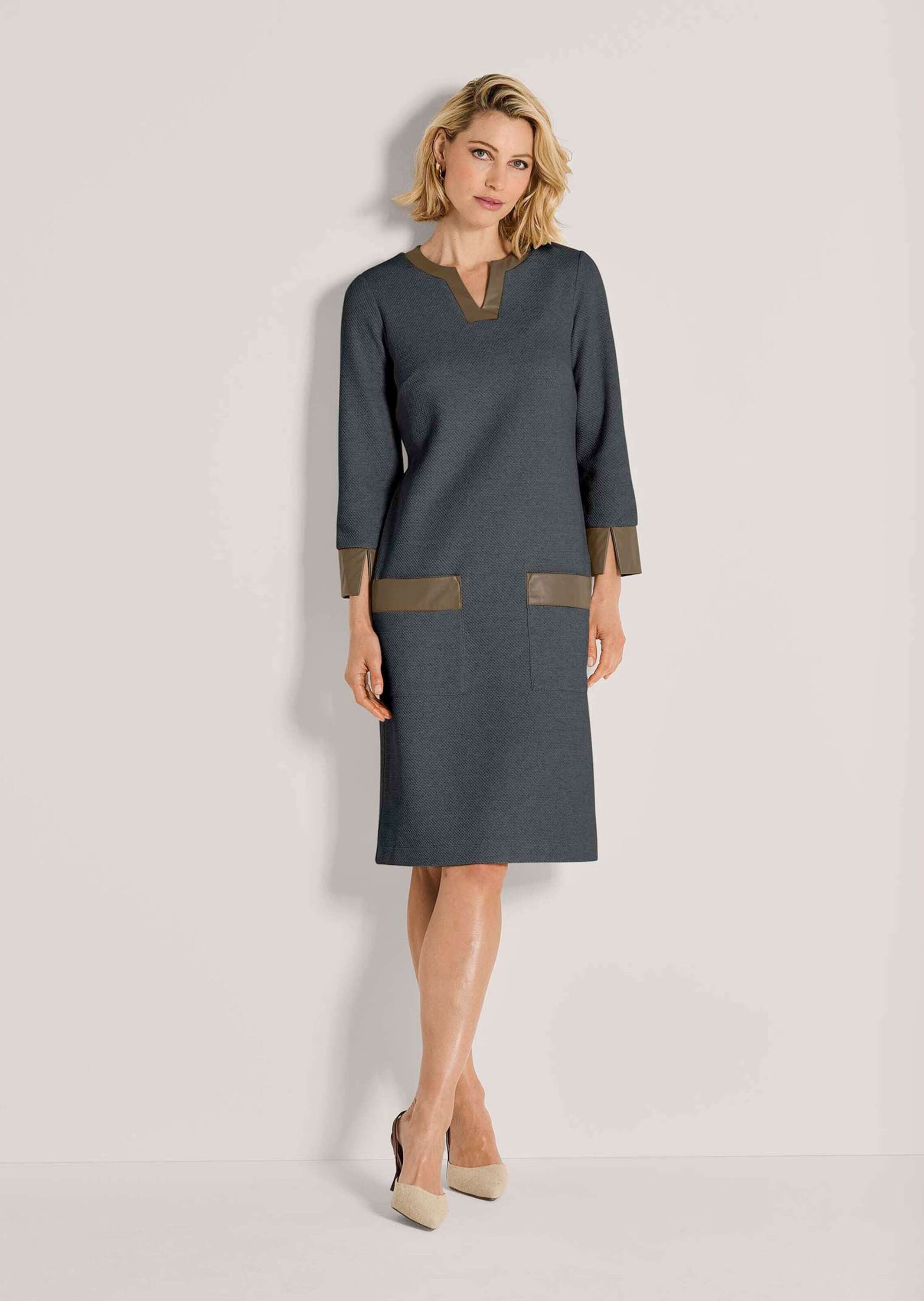 MADELEINE Midikleid Elegantes Kleid mit Lederakzenten Baumwollkleid mit V-Ausschnitt und 3/4-Ärmeln