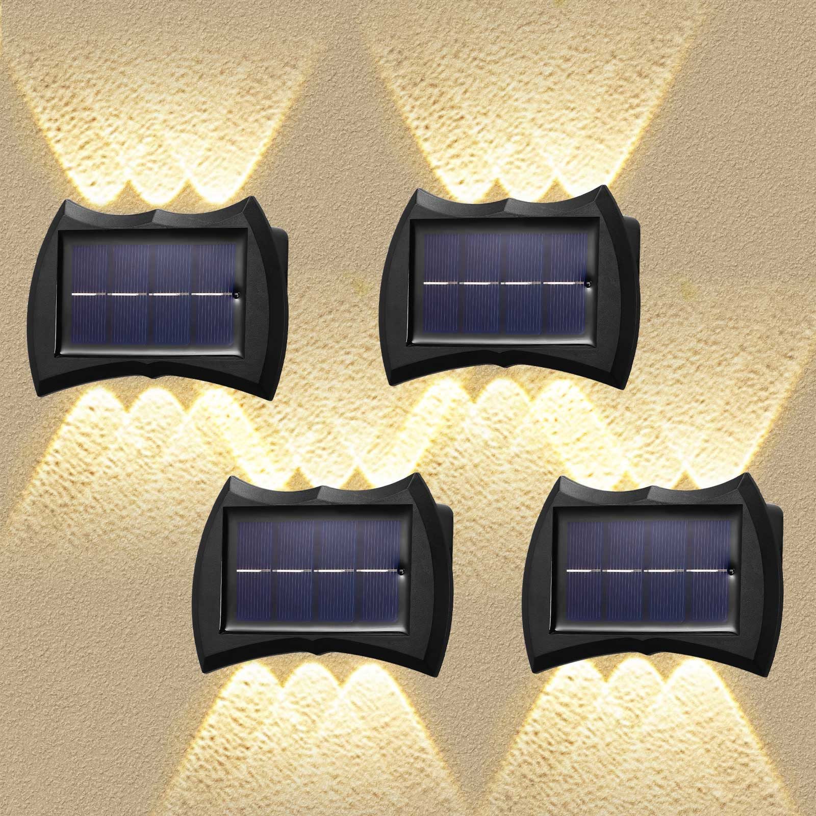 BlingBin LED Solarleuchte 4 Stück Wandbeleuchtung LED Solar Außen 6 LEDs Wandleuchten, Wasserdicht, LED fest integriert, warmes Licht, Solar Wandleuchten Dekorative für Garten Terrasse Treppe
