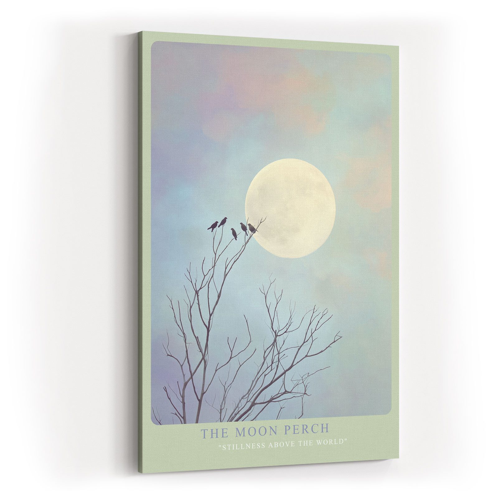 Sinus Art Leinwandbild Vögel Baum Mond Minimalismus Beige Rosa Blau Modern Design Wandbild