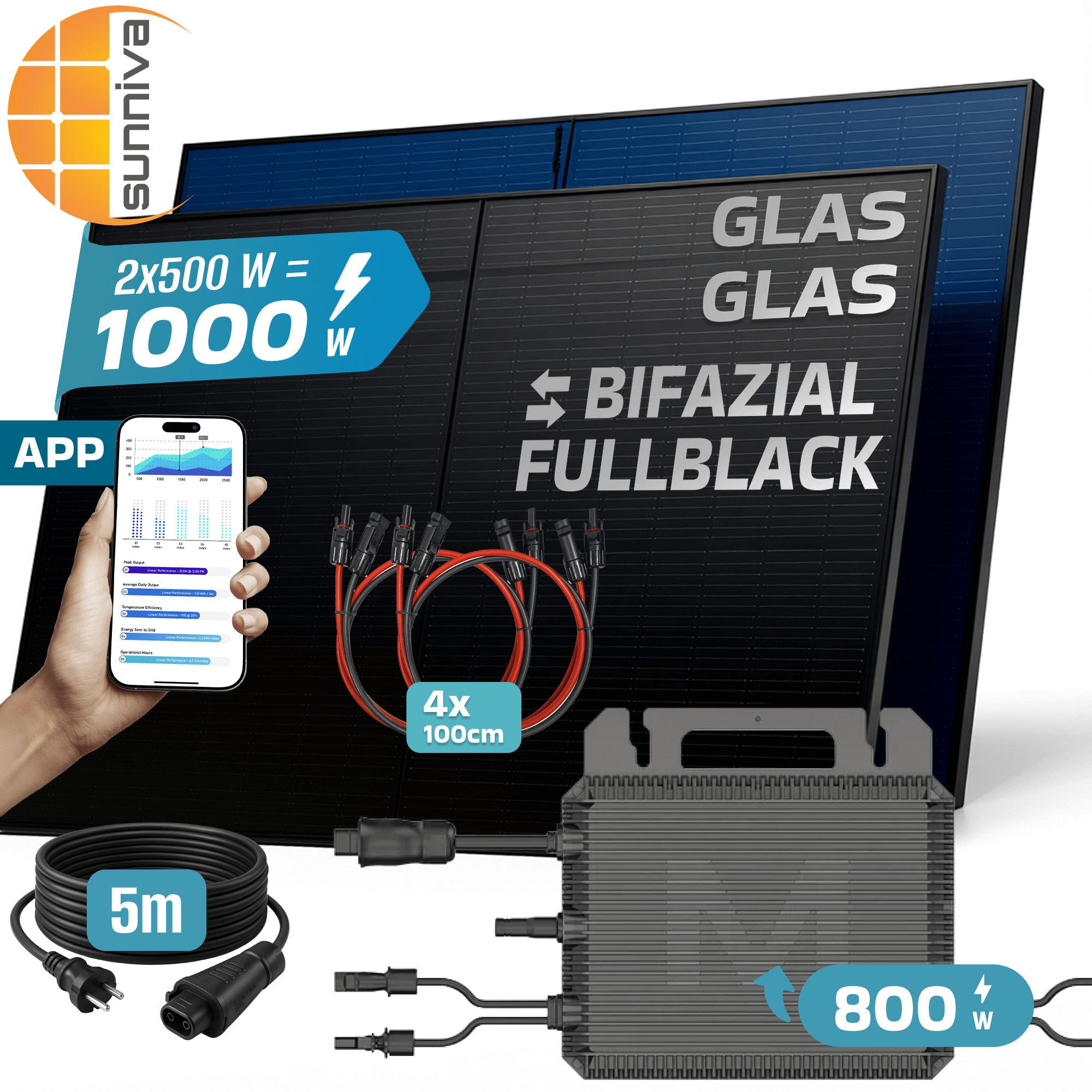 SUNNIVA Balkonkraftwerk 1000W BIFAZIAL FULLBLACK komplett Steckdose, (MARSTEK 800W Wechselrichter, PV Solaranlage, 2x 500W Glas-Glas Solarmodule, inkl. 5m Kabel, Bluetooth WIFI, Komplettset)