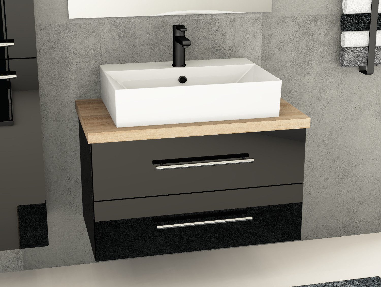 Aqua Bagno Badmöbel-Set Flex Badmöbel 80 cm Schwarz Hochglanz mit Keramikwaschbecken KS.60, (Badschrank vormontiert, 3-St., Badmöbelschrank mit Trägerplatte, Waschbecken), einfache Montage