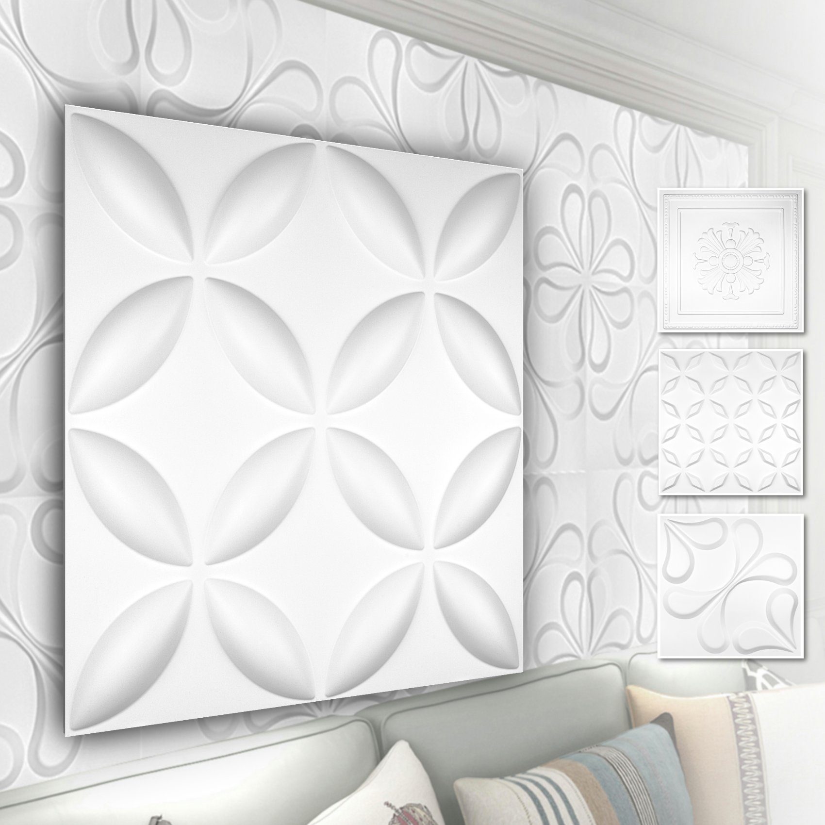 Hexim Wanddekoobjekt HD038 (PVC Kunststoff - weiße Wandverkleidung mit 3D Optik - Blumen Motive (3 qm 12 Platten) Deckenpaneel Wandverkleidung)