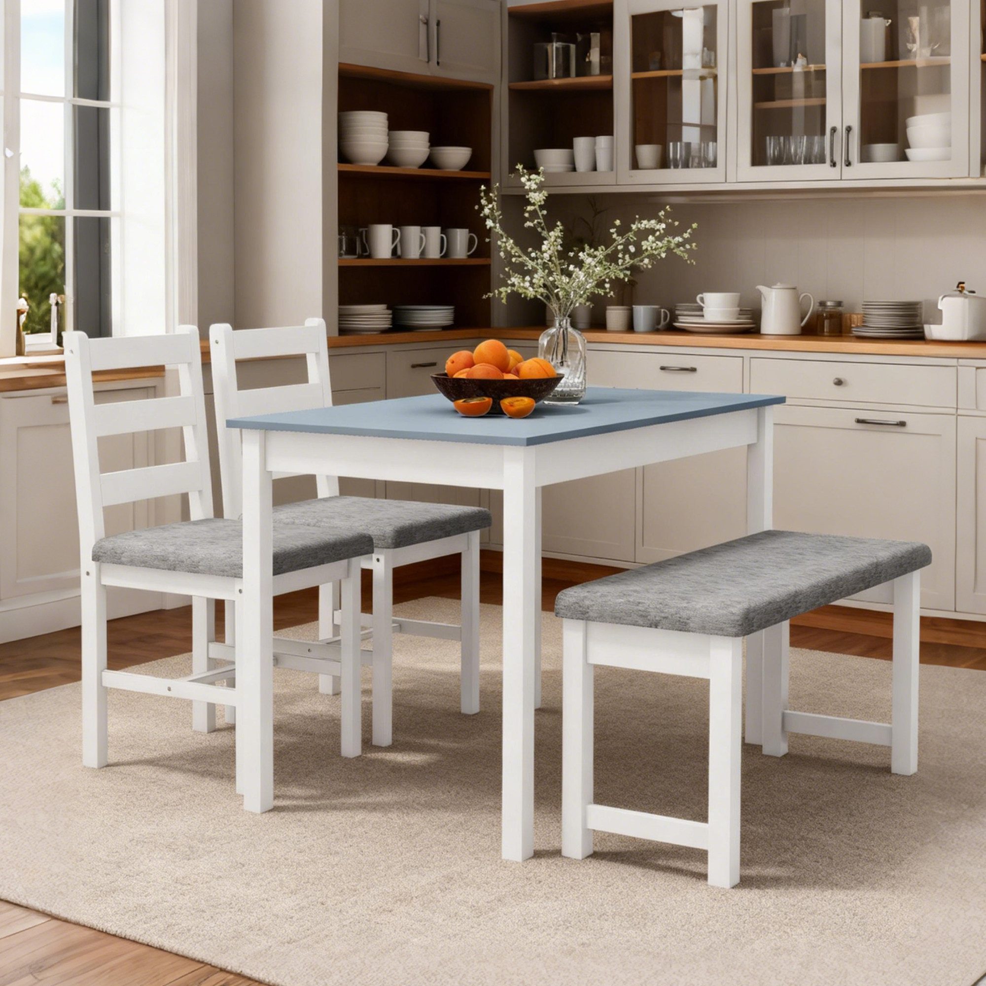 HOMCOM Essgruppe Esstisch mit 2 Gepolsterten Stühlen, Bank, (Esszimmergruppe, 4-tlg., Esstisch-Set), für Küche, Esszimmer, Kiefernholz, Grau+Weiß