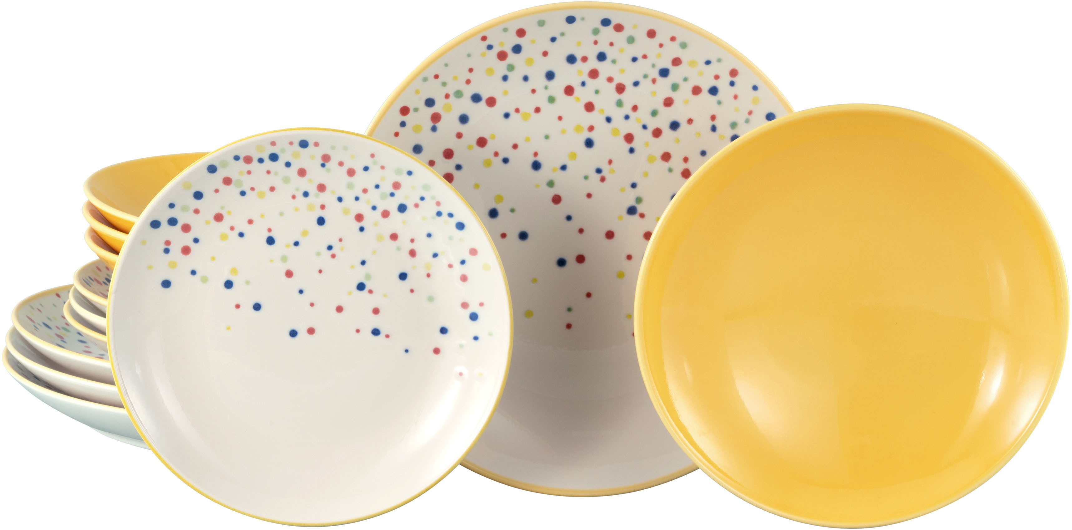 CreaTable Тарелки-Set Joy, Тарелкиset 12-tlg. (12-tlg), 4 Personen, Steinzeug, Unregelmäßige bunte Punkte, Gute Laune Geschirr, Frisch, Freundlich
