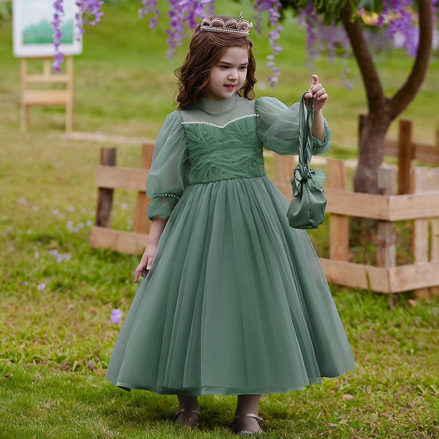 Grün Daisred Tüllkleid Blumenmädchenkleid Geburtstagsparty Prinzessinnenkleid