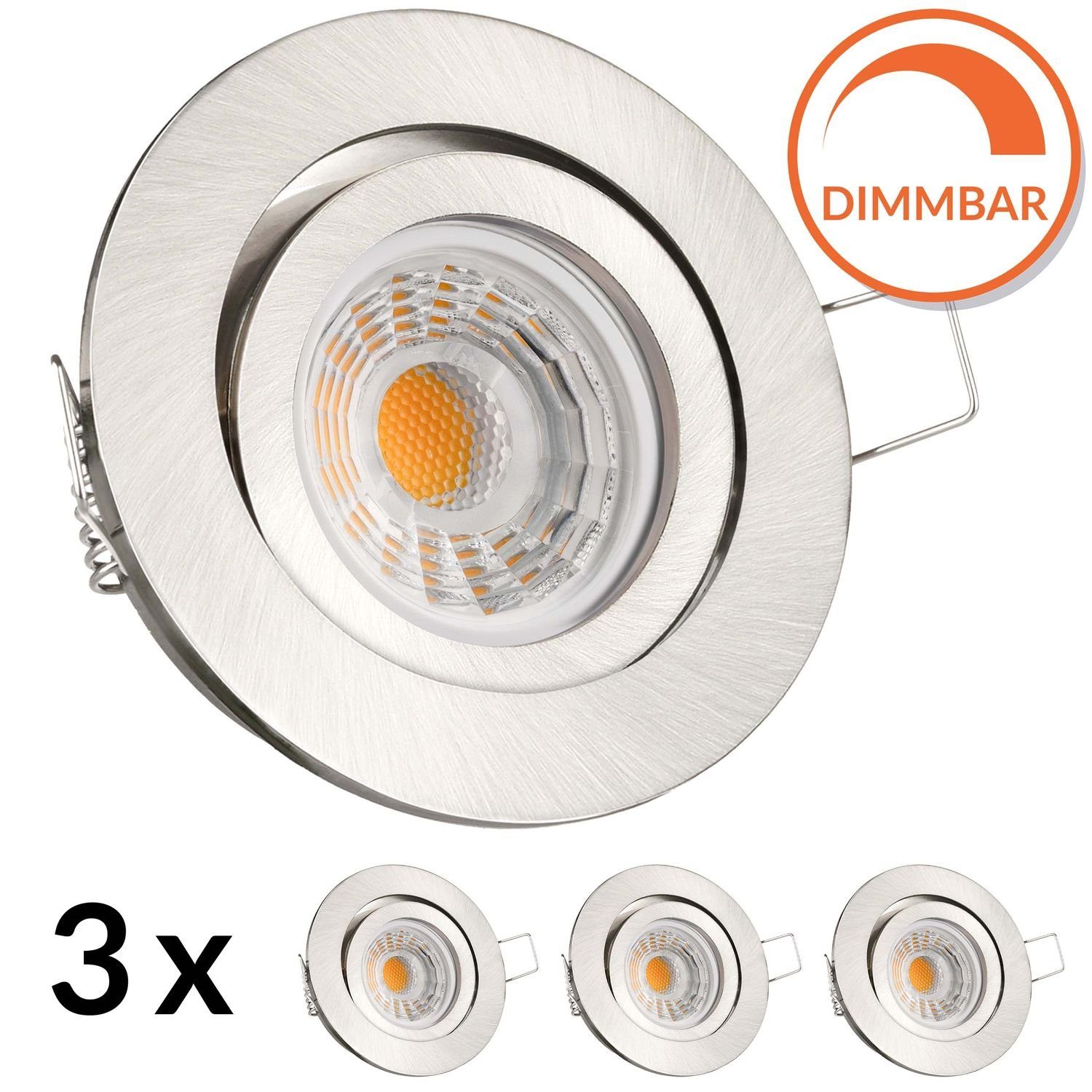 LEDANDO LED Einbaustrahler 3er LED Einbaustrahler Set Silber gebürstet mit  LED GU10 Markenstrahle, 3x LEDANDO COB LED Strahler 7W DIMMBAR und WARMWEISS  3000K