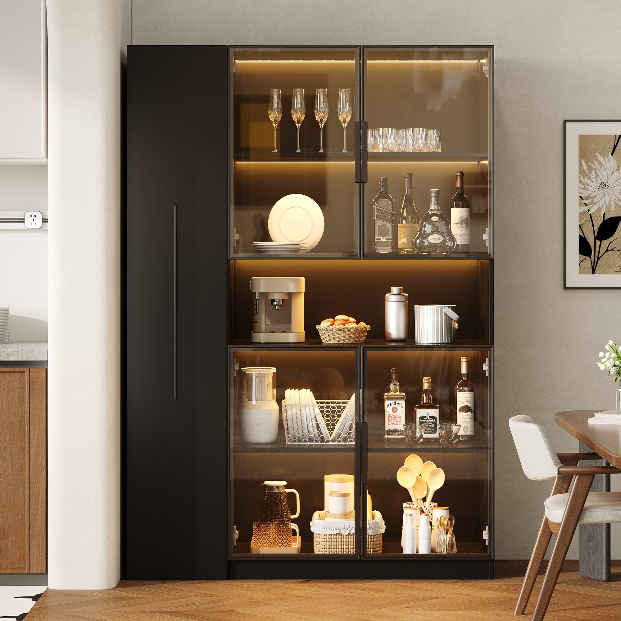 Flieks Glasvitrine mit LED-Beleuchtung, Glastüren und ausziehbaren Regalen (1-St., 110x35x160 cm) multifunktional Standvitrine Eckschrank Hochschrank Sammlervitrine