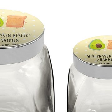 Mr. & Mrs. Panda Vorratsglas XL 2000ml Avocado Toast - Gelb Pastell - Geschenk, Veggie, Keksbehält, Premium Glas, (1-tlg), Herzmotiv