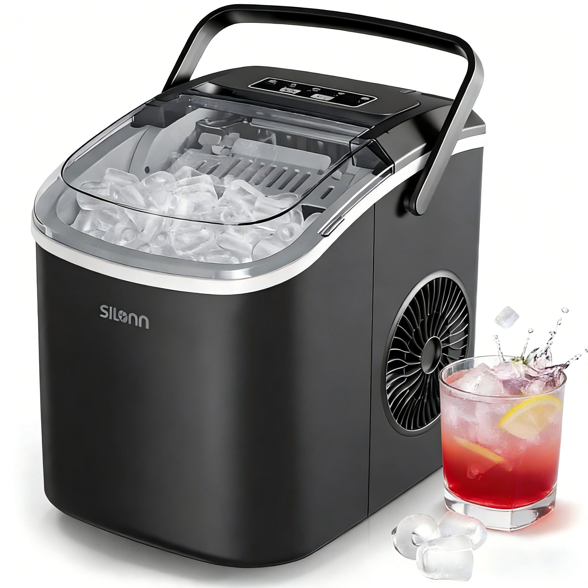 Silonn Eiswürfelmaschine Eiswürfelbereiter tragbar, 9 Eiswürfel in 6 Minuten, 2 Eisgrößen, 12 kg/24 Stunden, selbstreinigende für Zuhause, Küche und Bar