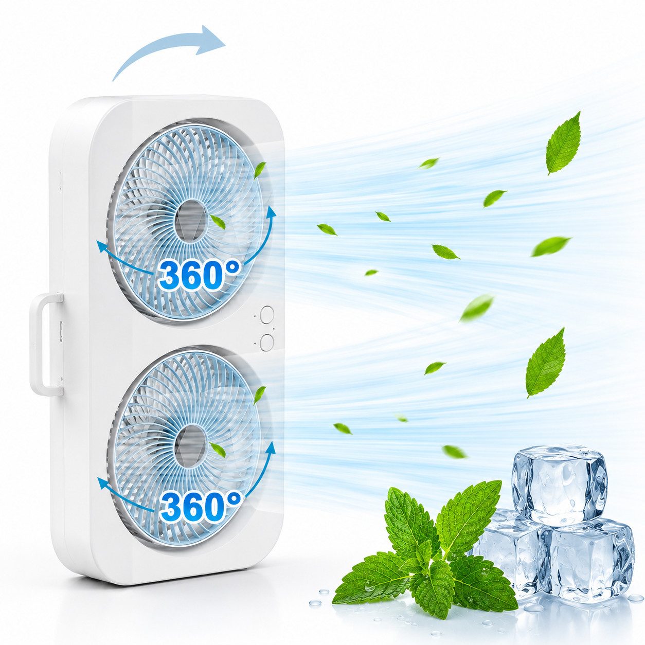 MOPUEA Standventilator 90° Drehbar Doppelkopf Ventilator Luftzirkulator USB Tischventilator, 3 Windstufen Mit Handyhalterung Stand- & Wandmontage Akku Leise