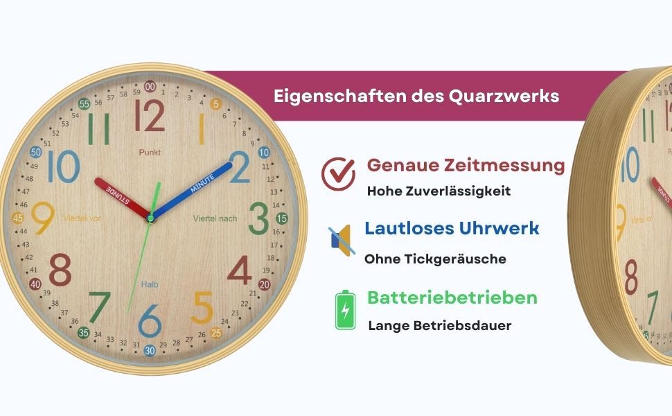 K&L Wall Art Wanduhr Holzoptik lautlose Kinder Wanduhr ohne tickgeräusche ( günstig online kaufen