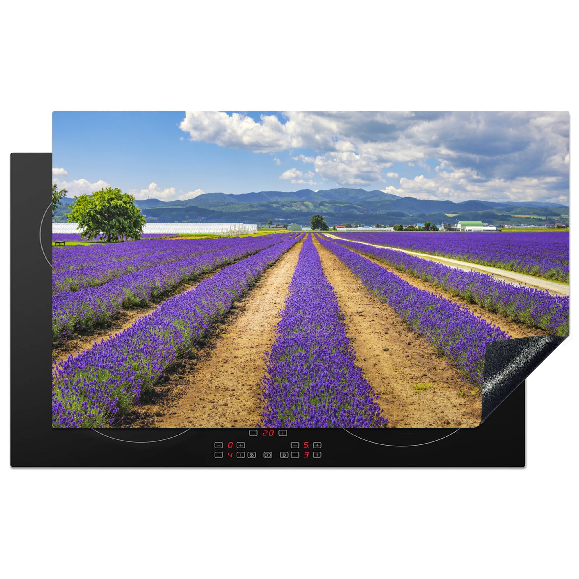 MuchoWow Herdblende-/Abdeckplatte Japan - Blume - Lavendel, Vinyl, (1 tlg), 83x51 cm, Ceranfeldabdeckung, Arbeitsplatte für küche