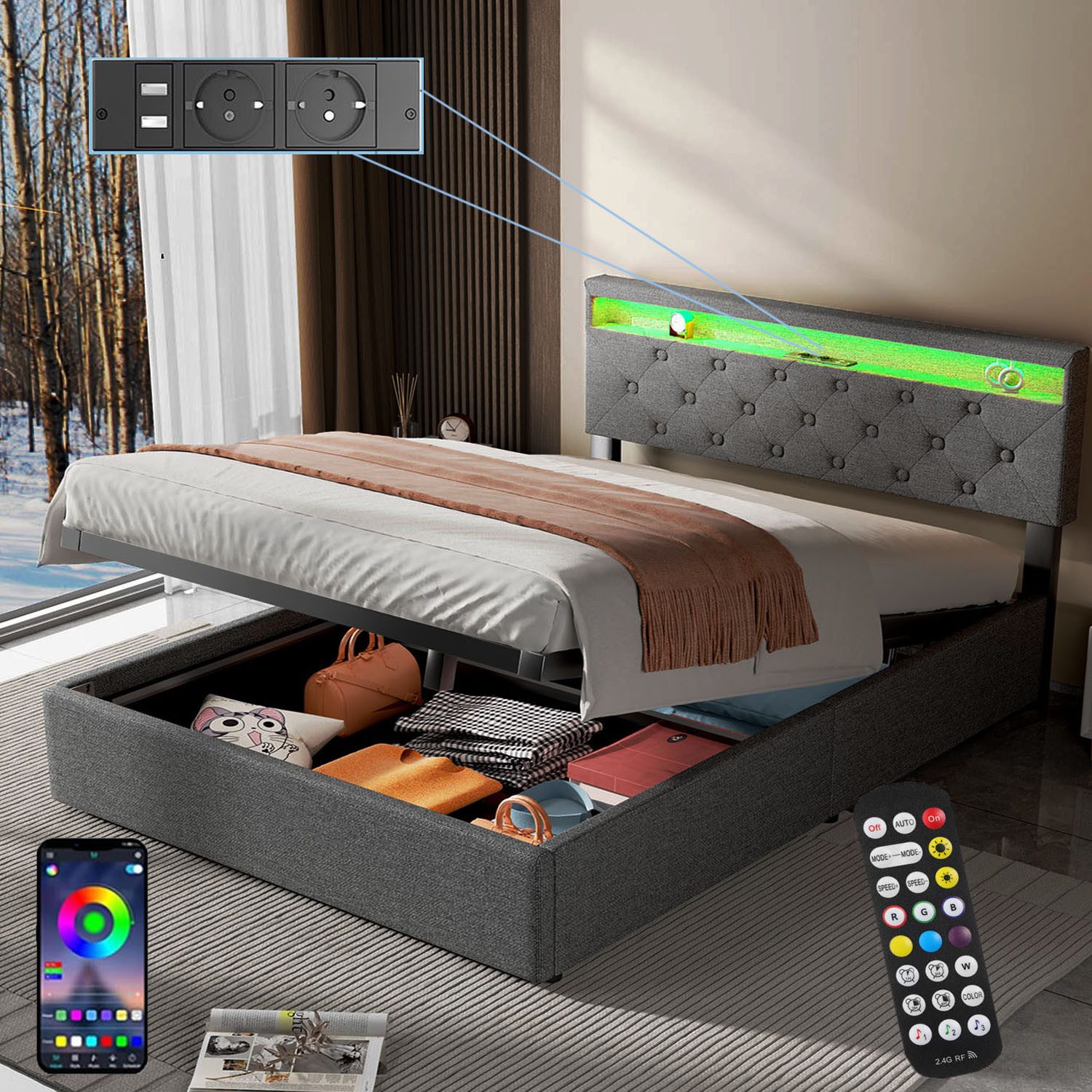oyajia Polsterbett RGB LED Doppelbett 140x200 cm, anhebbarer Polsterbett St günstig online kaufen