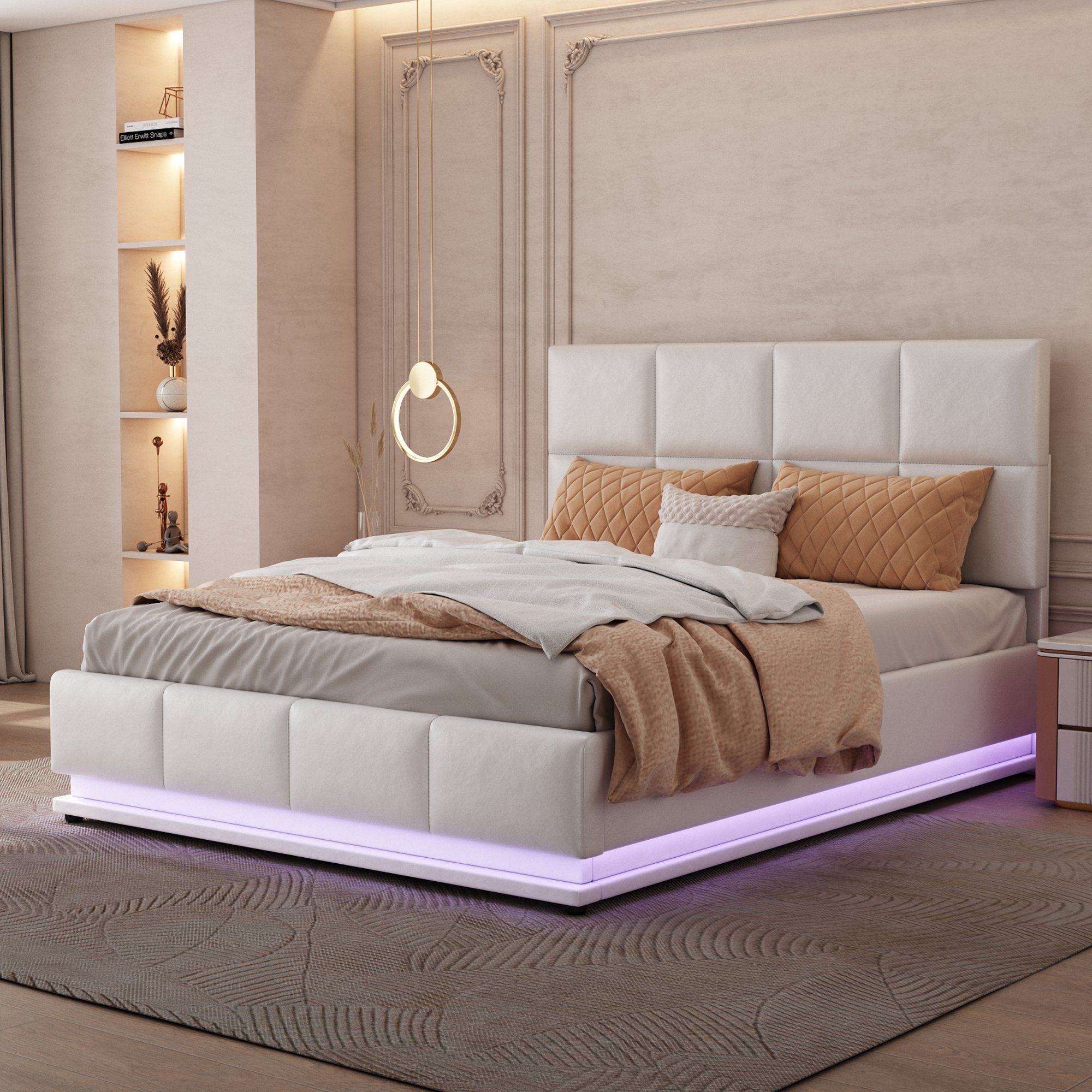 REDOM Polsterbett Doppelbett Bett Funktionsbett Hydraulisch ohne Matratze (mit LED Beleuchtung aus Leder)