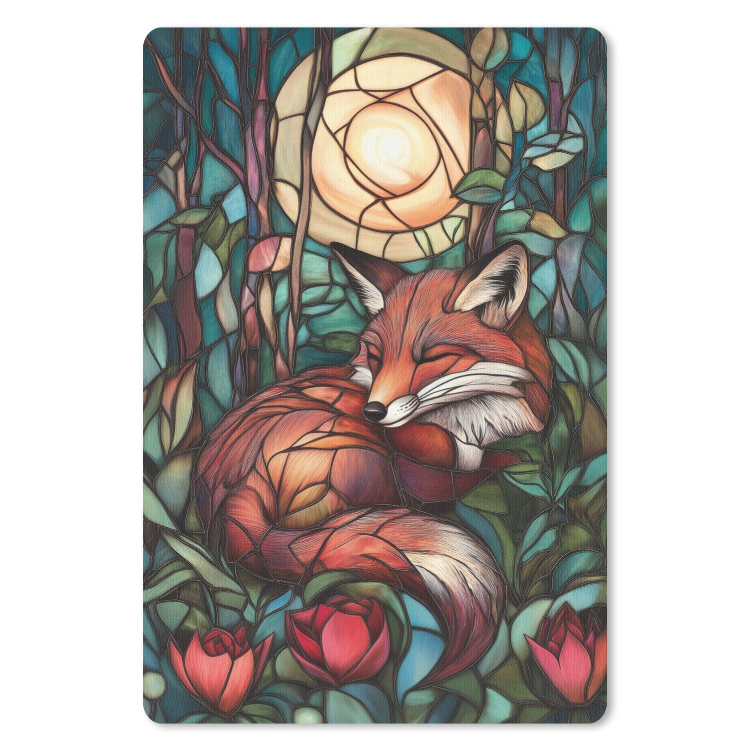 MuchoWow Mauspad Fuchs - Mosaik - Wald - Mond (1-St), Maus Pad Klein, Gaming Zubehör, Büro Deko, 18x27 cm