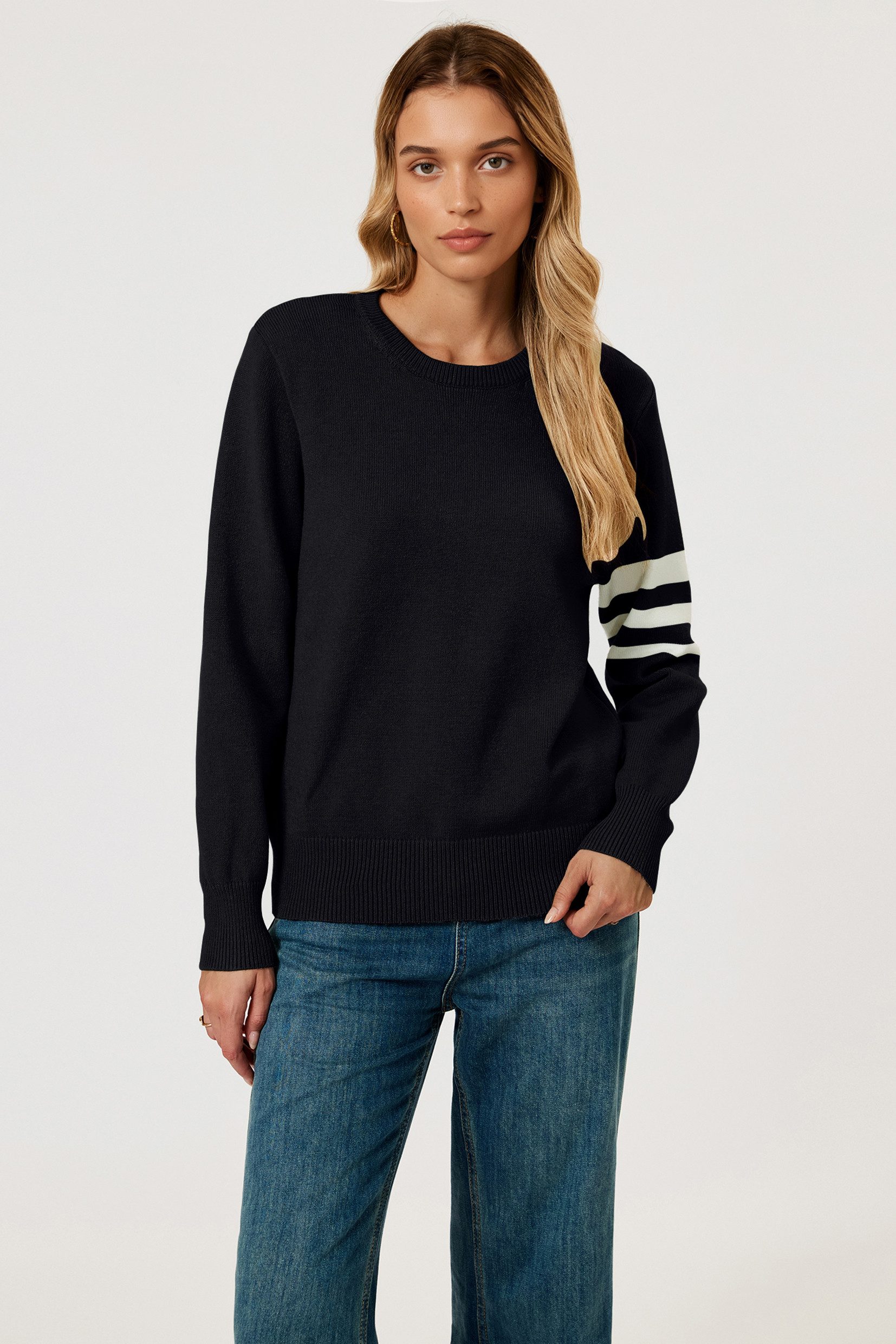 FS Collection Strickpullover Damen Gestreifter Strickpullover mit Rundhals, Einheitsgröße (Einheitsgröße: UK 8–14 / EU 36–44, 5 Farben : Blau, Olivegrün, Schwarz, Dunkelgrün undMarineblau) 56 % Viskose, 26 % Polyester, 18 % Wolle