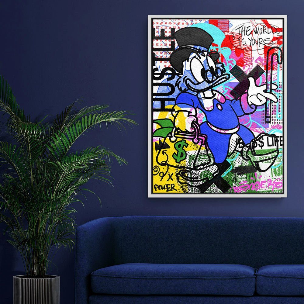 goldener Pop Rahmen Art hustle Duck Comic Leinwandbild, Leinwandbild Geld Graffiti DOTCOMCANVAS® Dagobert