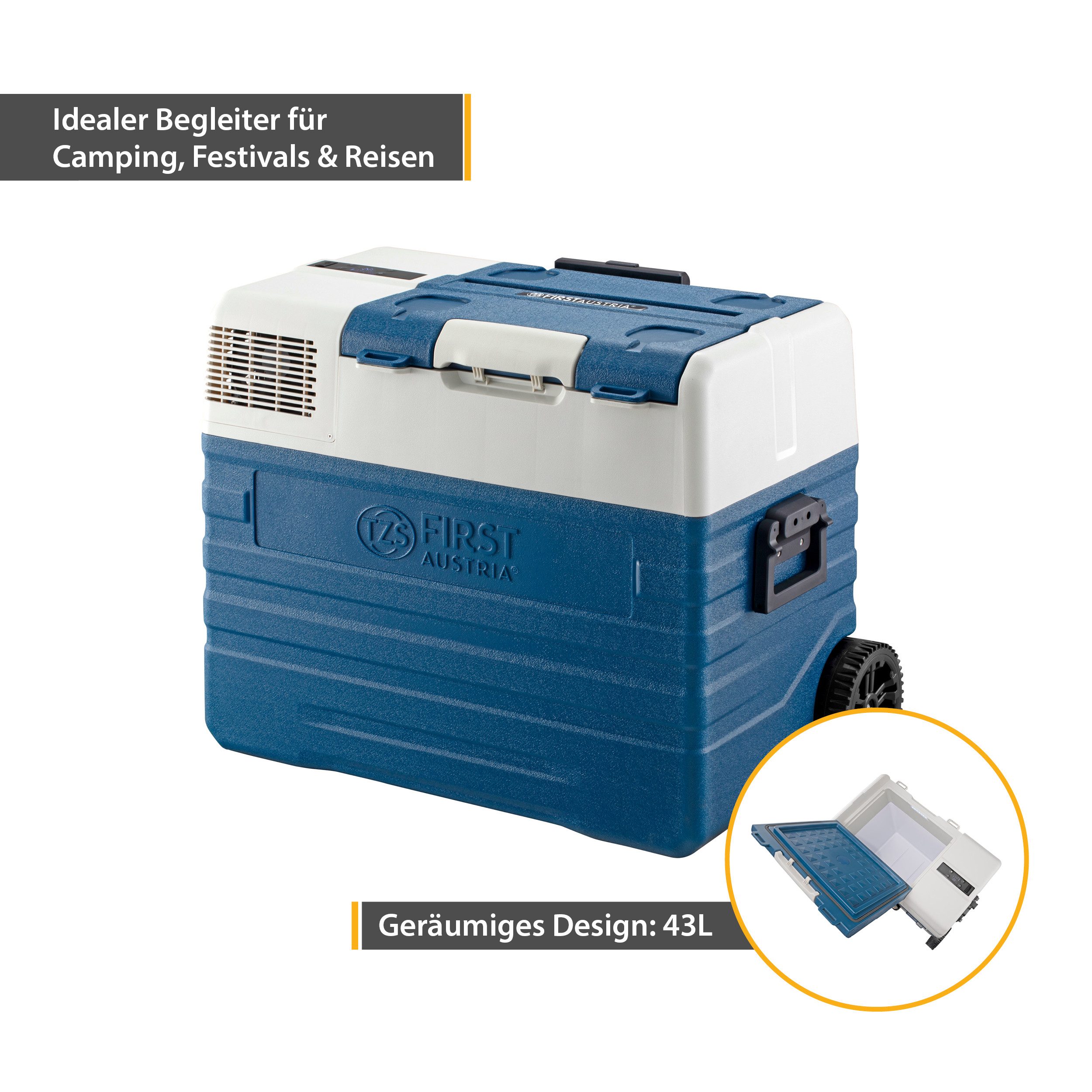 TZS FIRST AUSTRIA Elektrische Kühlbox Kompressor Kühlbox, 43 L, -20°C bis +20°C, Trolleyfunktion, MAX/ECO, Innenbeleuchtung, USB-Anschluss, Display oder App, Tragegriffe