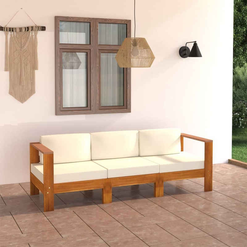 vidaXL Gartenlounge-Set 3-Sitzer-Gartensofa mit Cremeweißen Auflagen Massivholz Akazie, (1-tlg)