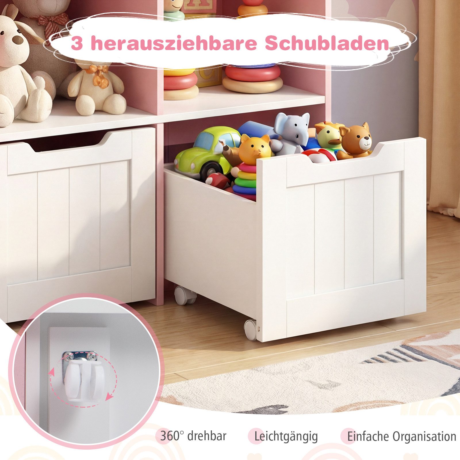 COSTWAY Kinderregal, Mit 3 Schubladen auf Rollen & 5 offenen Fächern