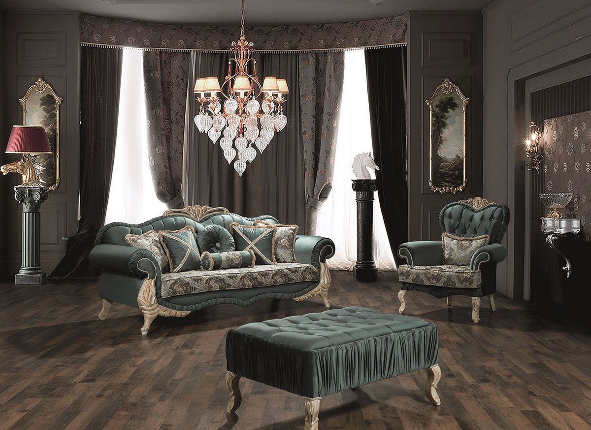 Beige x Padrino Barock mit dekorativen Wohnzimmer / cm Creme / Sofa Glitzersteinen Möbel Kissen im 100 x Sofa und - 85 Grün 220 Barockstil Luxus Casa H.