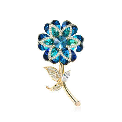 MayTree Brosche "seltene Blüte", mit Strass-Steinen blau (Stück), Metallbrosche in Form einer Blüte aus blauen - türkisen Glassteinen