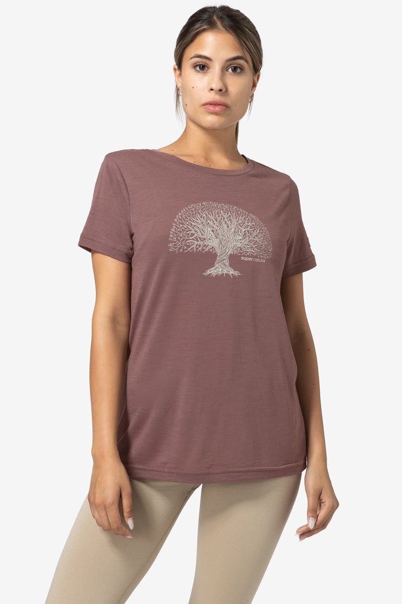 SUPER.NATURAL Print-Shirt Merino T-Shirt W TREE OF KNOWLEDGE TEE geruchshemmender Merino-Materialmix Peppercorn/Silver