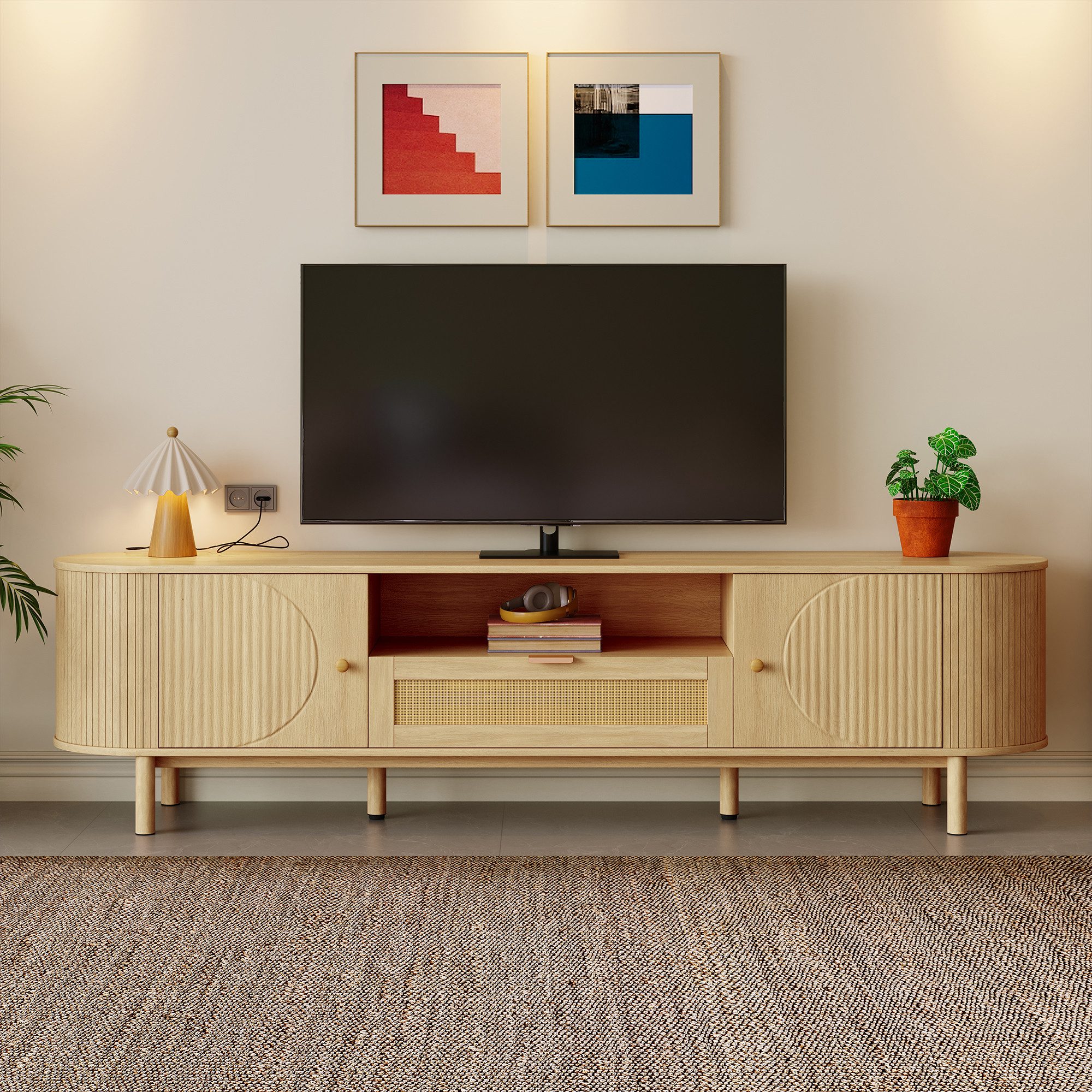 HAUSS SPOLE Wohnzimmer-Set mit Rattan-Schubladen,TV-Schrank Fernsehschrank mit Metallbeinen, (Fernsehtisch, Wohnzimmermöbel, 1-St., 1 Rattan-Schubladen,1 offenen Fächern, 2 Türen), abgerundeter Tischplatte, Metallbeinen