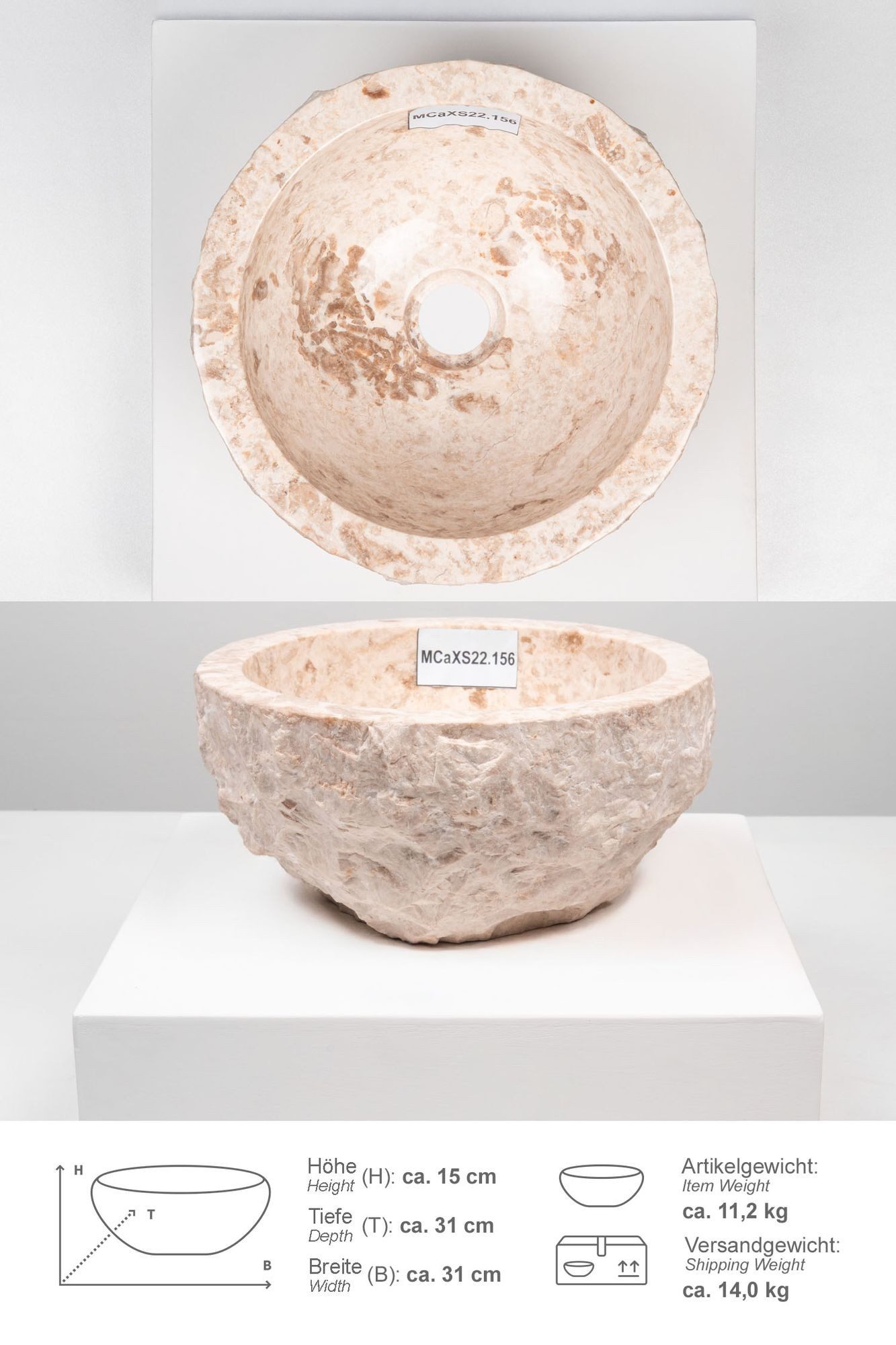 wohnfreuden Aufsatzwaschbecken Erosi Marmor Waschbecken 30 cm creme (Kein Set), 101659_MCaXS22.156