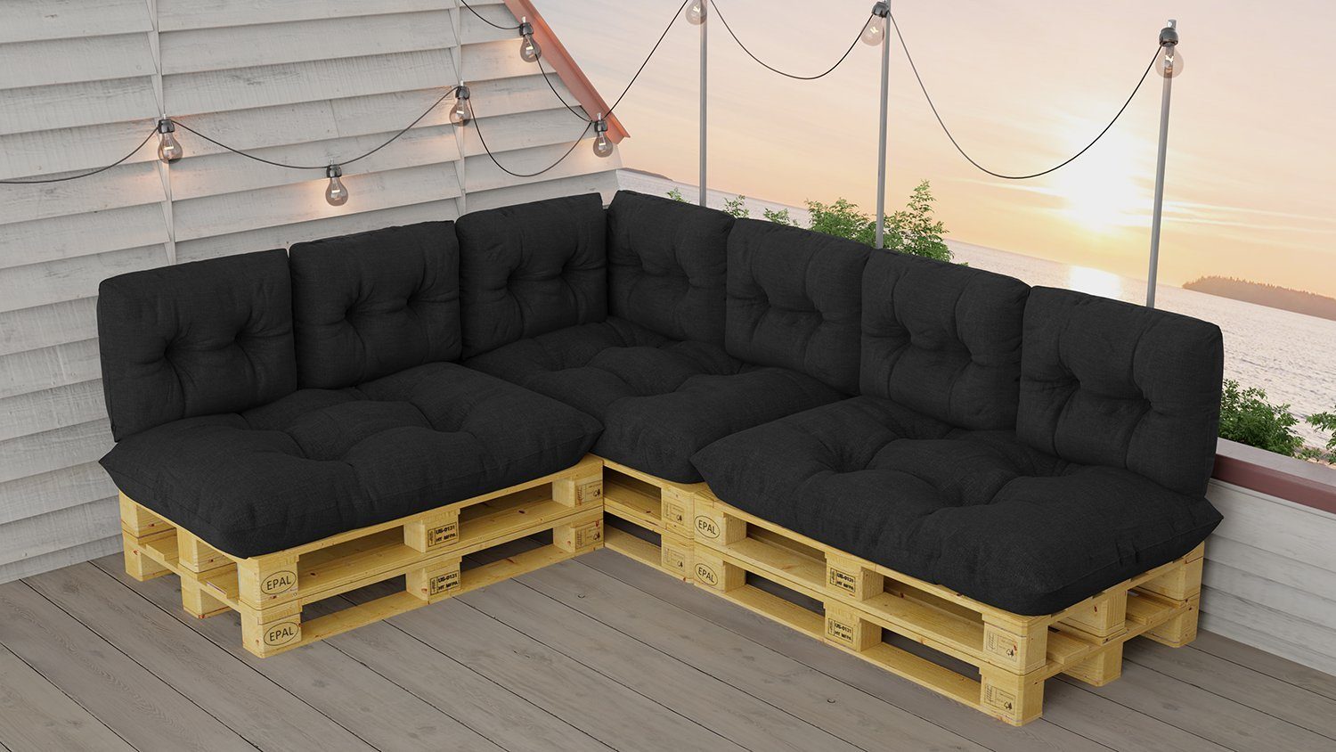 Roysson Garden Palettenkissen Set Wasserdicht Outdoor 10ER SET GRAU SCHWARZ, mit Bindebänder