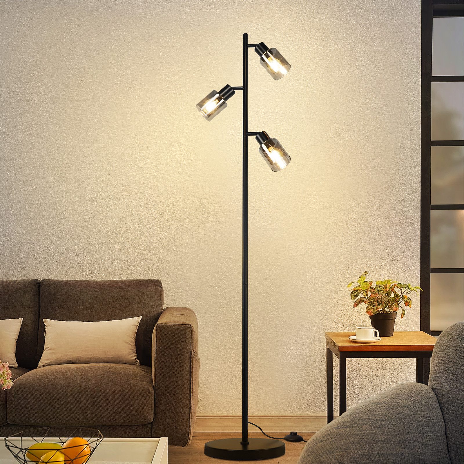 Stehlampe 3 Flammig aus Glas E14 Fassung Metall Leselampe für Schlafzimmer Flur