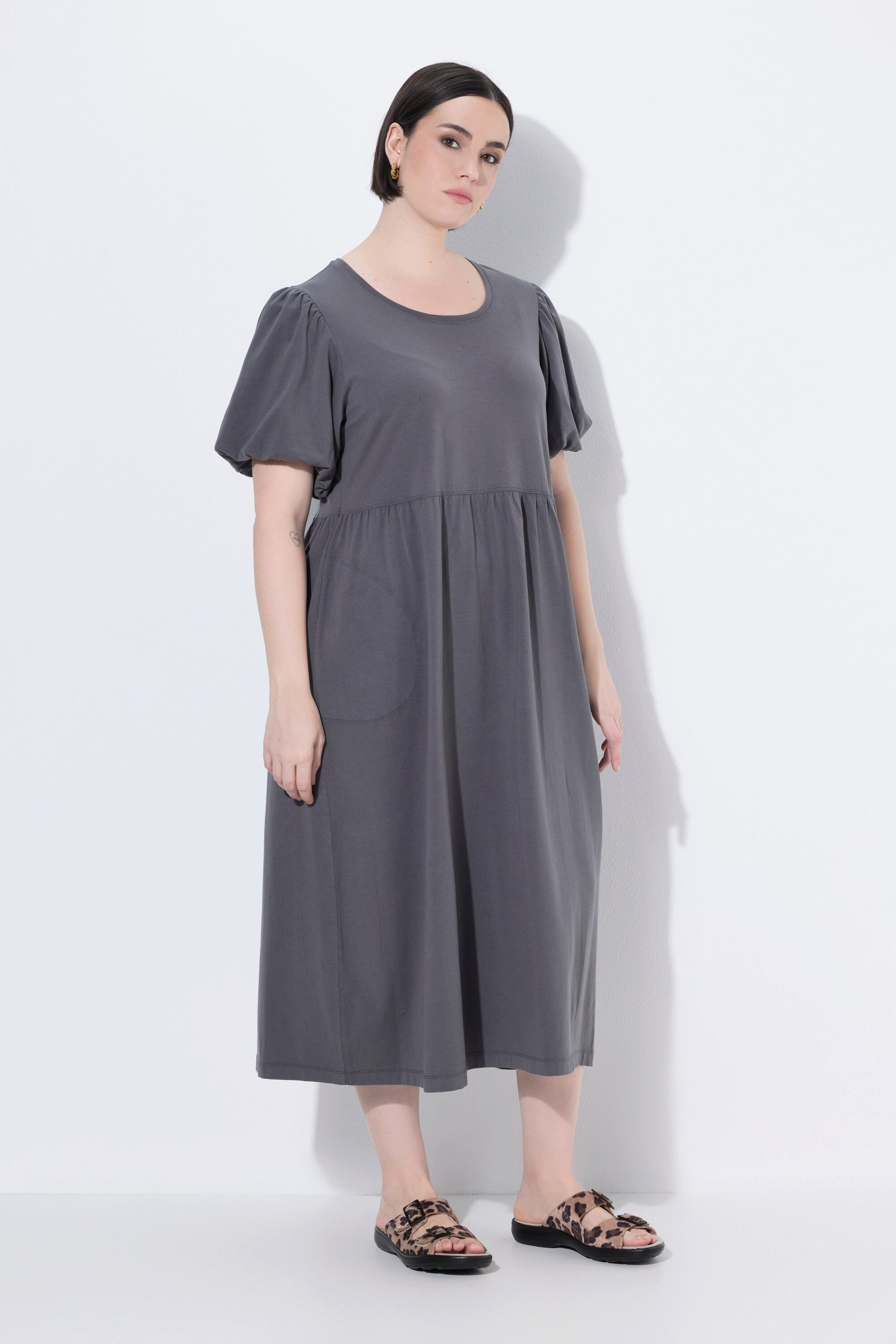 Ulla Popken Midikleid Maxikleid A-Linie Rundhals Ballon-Halbarm Taschen