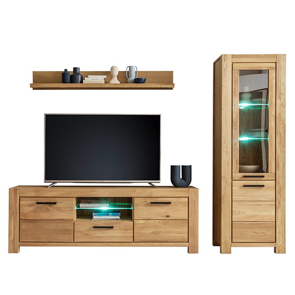 Lomadox Wohnwand SELISTE-06, (3-St., Wandboard Lowboard Vitrine), Eiche teilmassiv geölt, Echtholz/Massivholz. inkl. LED-Beleuchtung