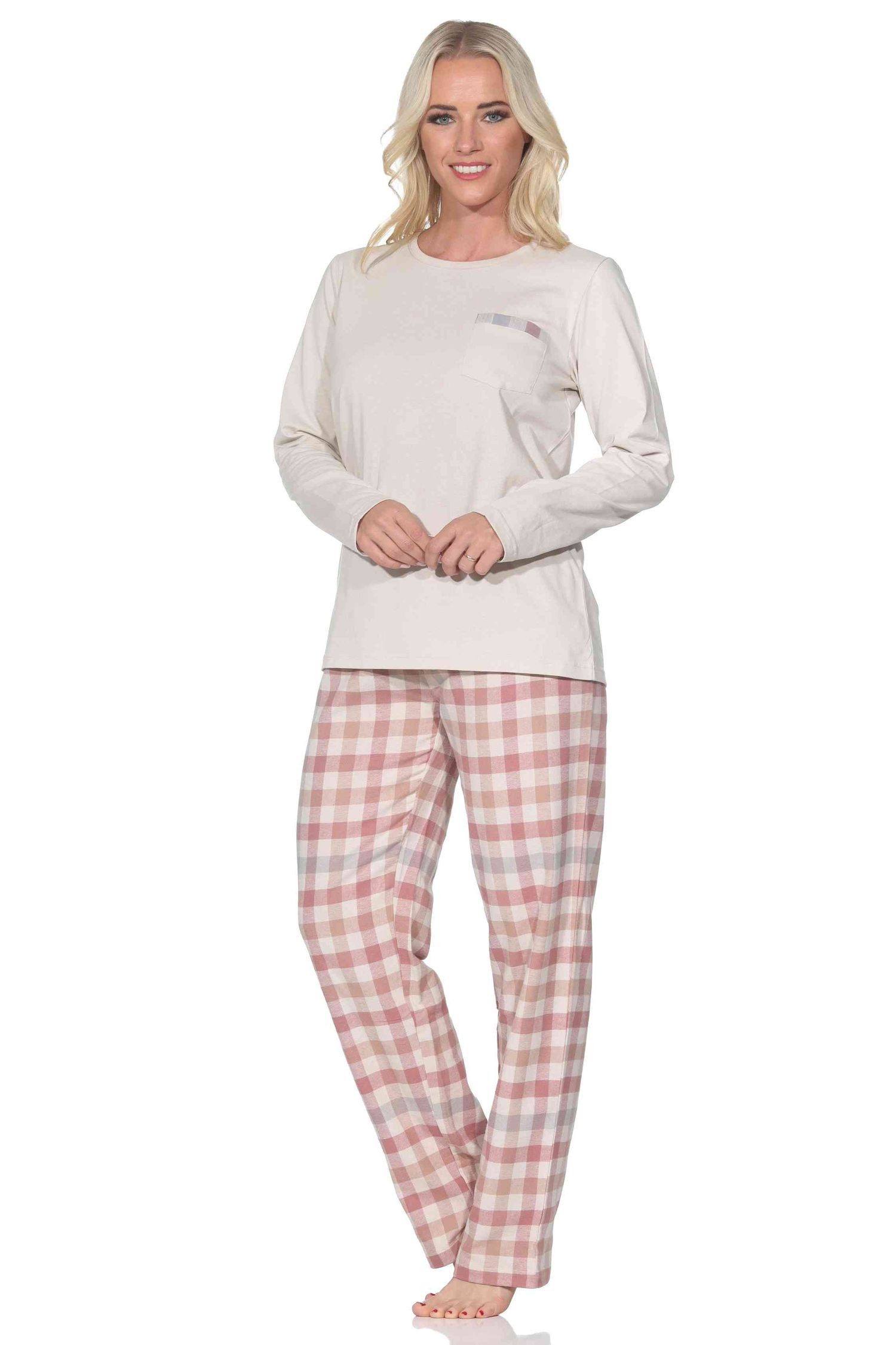 Normann Pyjama Normann Damen Schlafanzug lang mit Flanell Pyjamahose in Karo Optik
