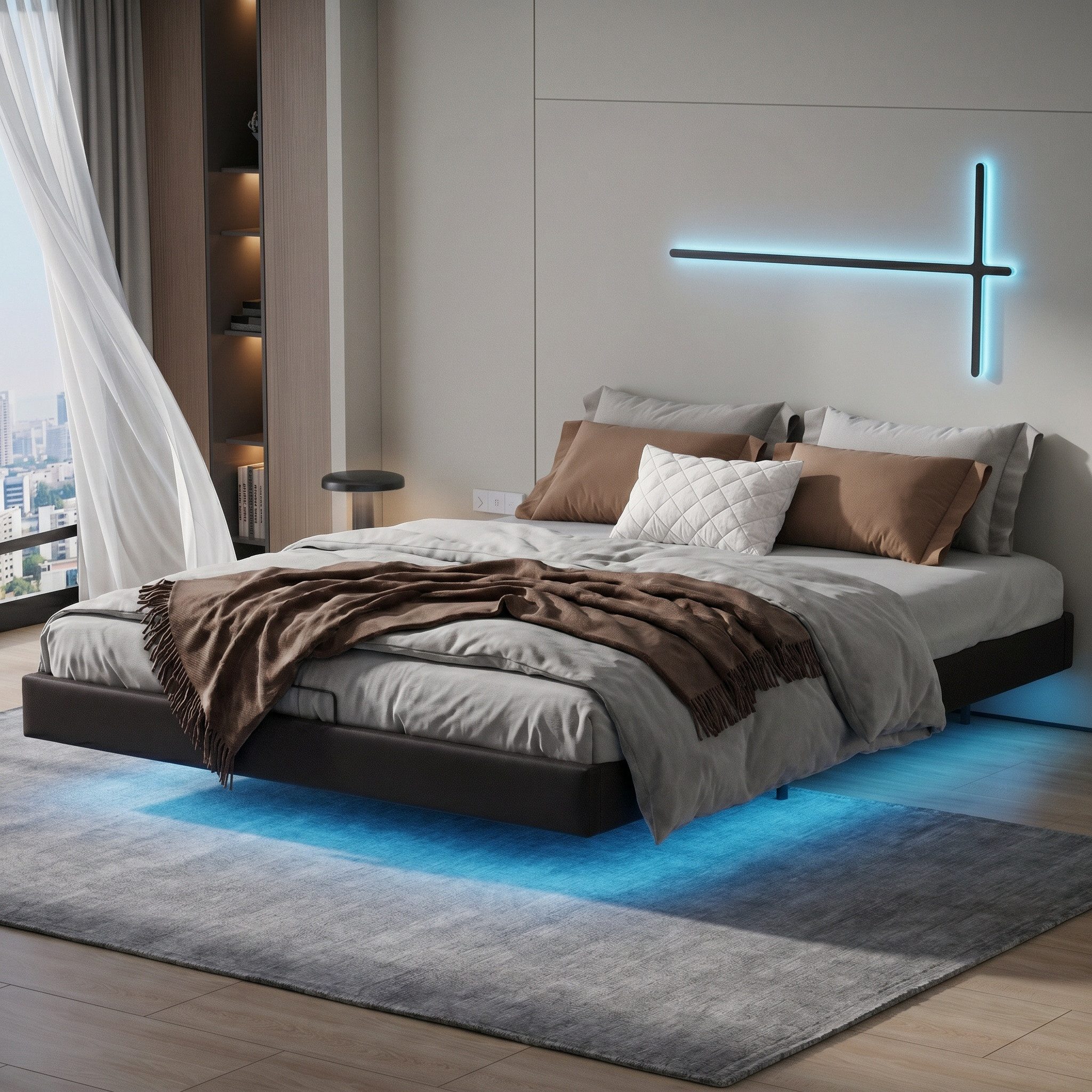 Simurq Bettgestell LED Schwebebett 160x200 mit Bettkasten (Set, Bettrahmen-Set 1-tlg) ( mit Lattenrost,ohne Matratze &  Kopfteil), Gasdruckbett,Jugendbett,Metallbett,Doppelbett