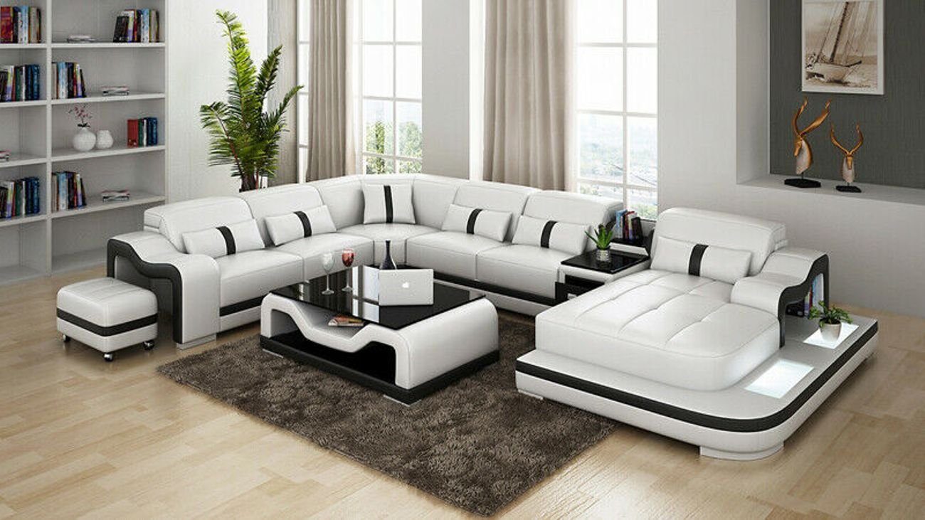 JVmoebel Ecksofa Ledersofa USB Couch Wohnlandschaft Ecksofa Eck Garnitur Modern Sofa Weiß