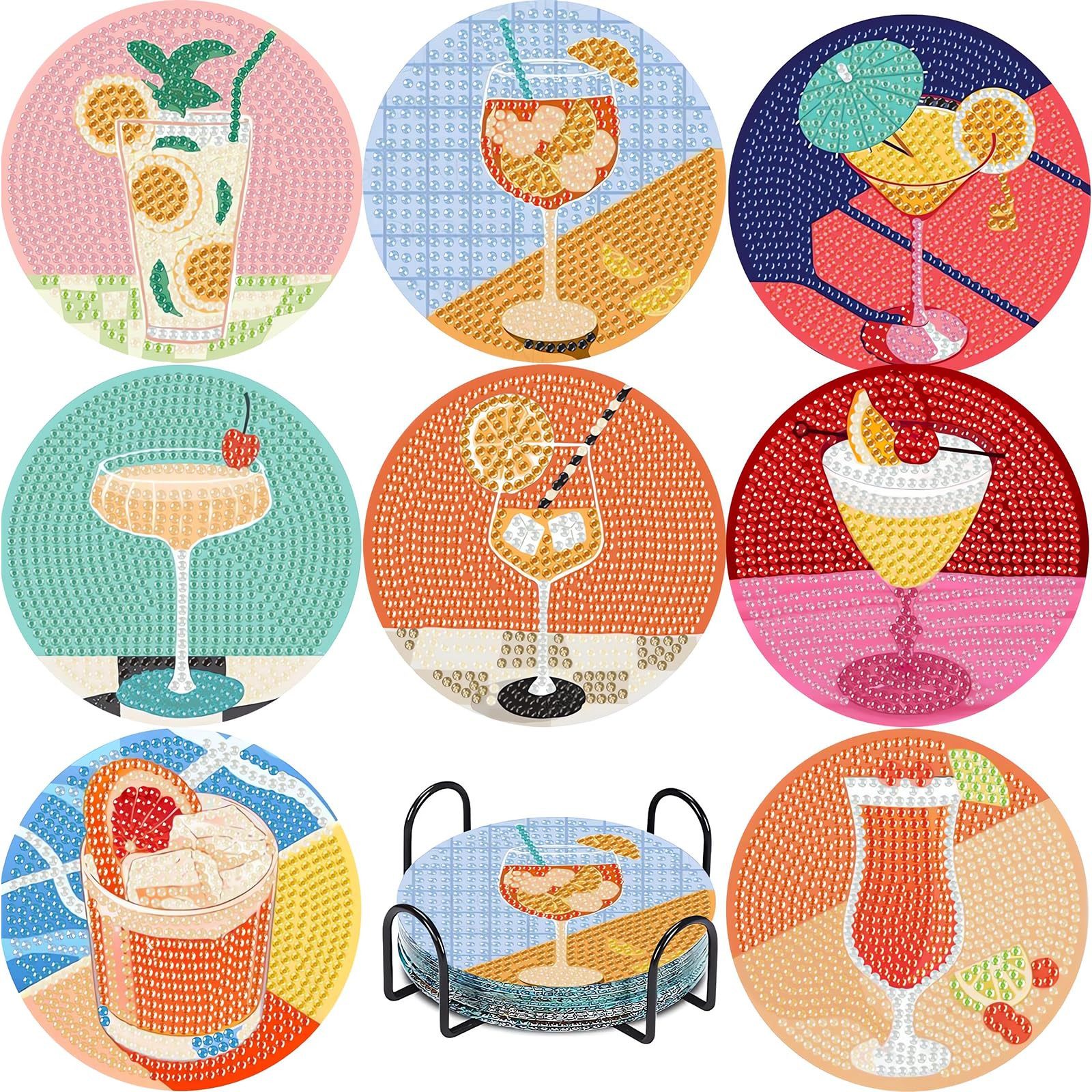 FOUORTUNATE-BEE Kreativset 8 Stück Cocktail Diamond painting untersetzer with Holder, (Diamond Painting zum Basteln,für Anfänger,Erwachsene & Kinder, 8-tlg., Geburtstagsgeschenk für Erwachsene&Kinder)