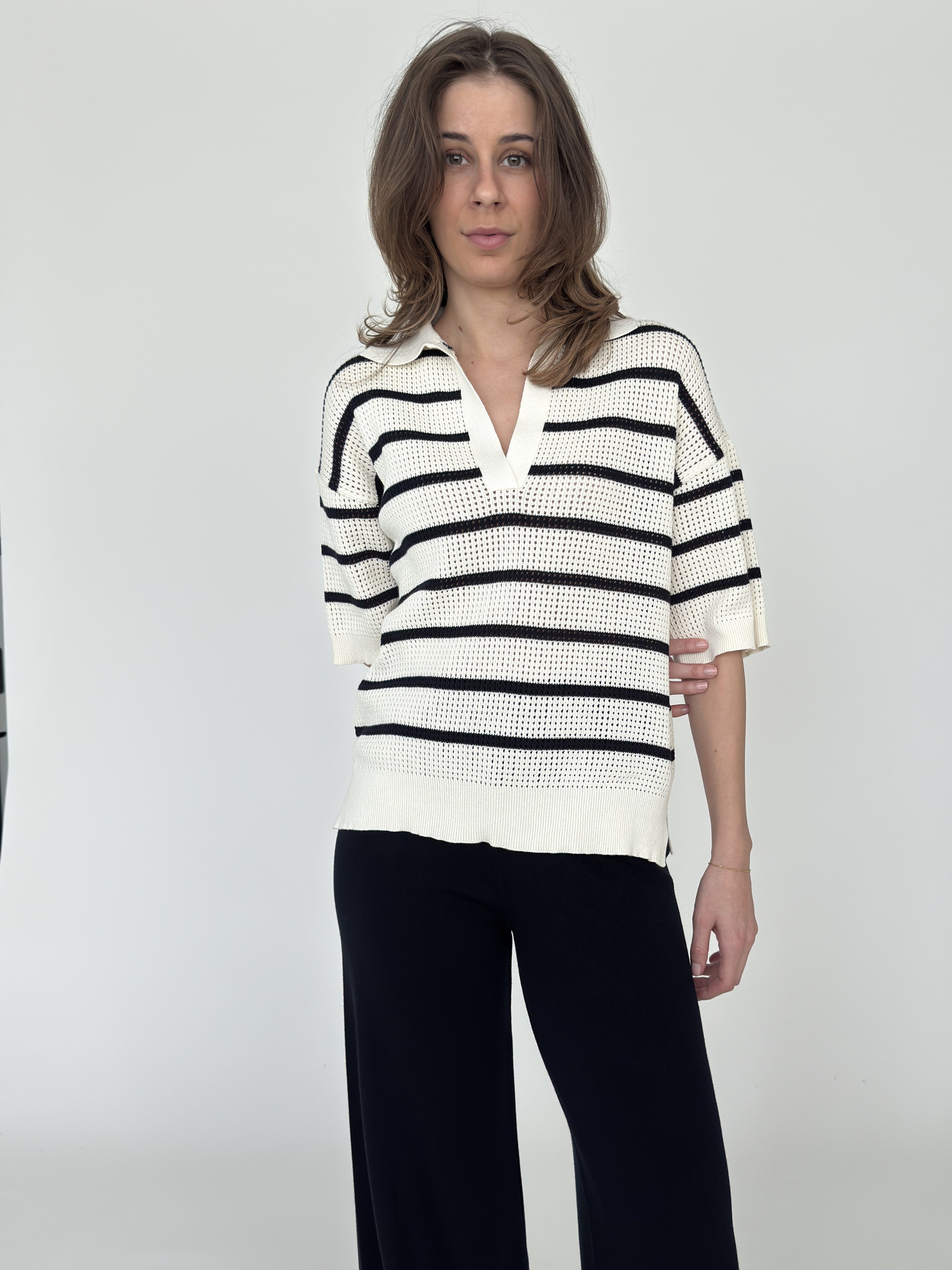 Zuckerwatte Polokragenpullover gestreifter V-Ausschnitt Pullover, Lochstric günstig online kaufen