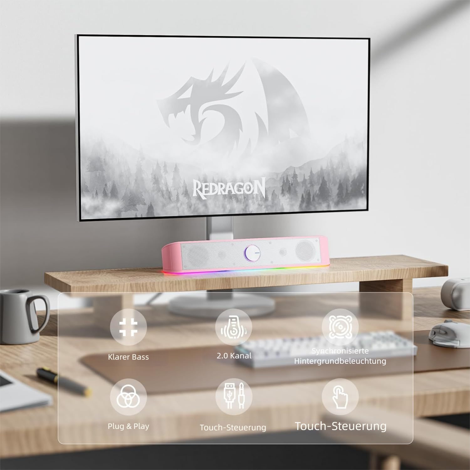 Redragon mit dynamischer Beleuchtungsleiste, RGB, 3.5mm, Pink PC-Lautsprecher (4 W, Reicher Sound und RGB)