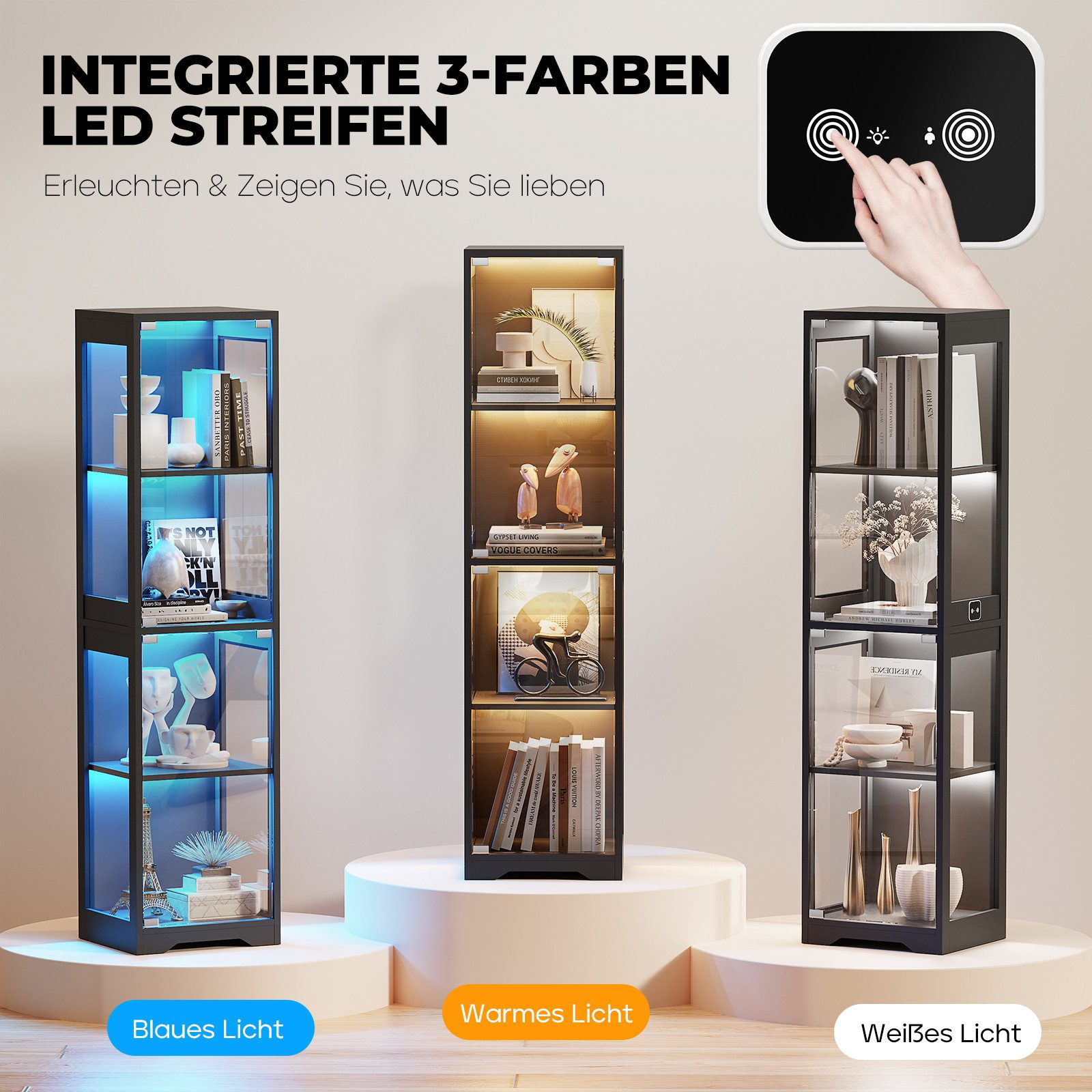 BROTTAR Glasvitrine Ausstellungsschrank mit Glastür, 4-stufiger Kuriosekabinett (1-St) Helligkeitsregelung, einfacher Aufbau mit Kippschutz – Bild 5 von 5
