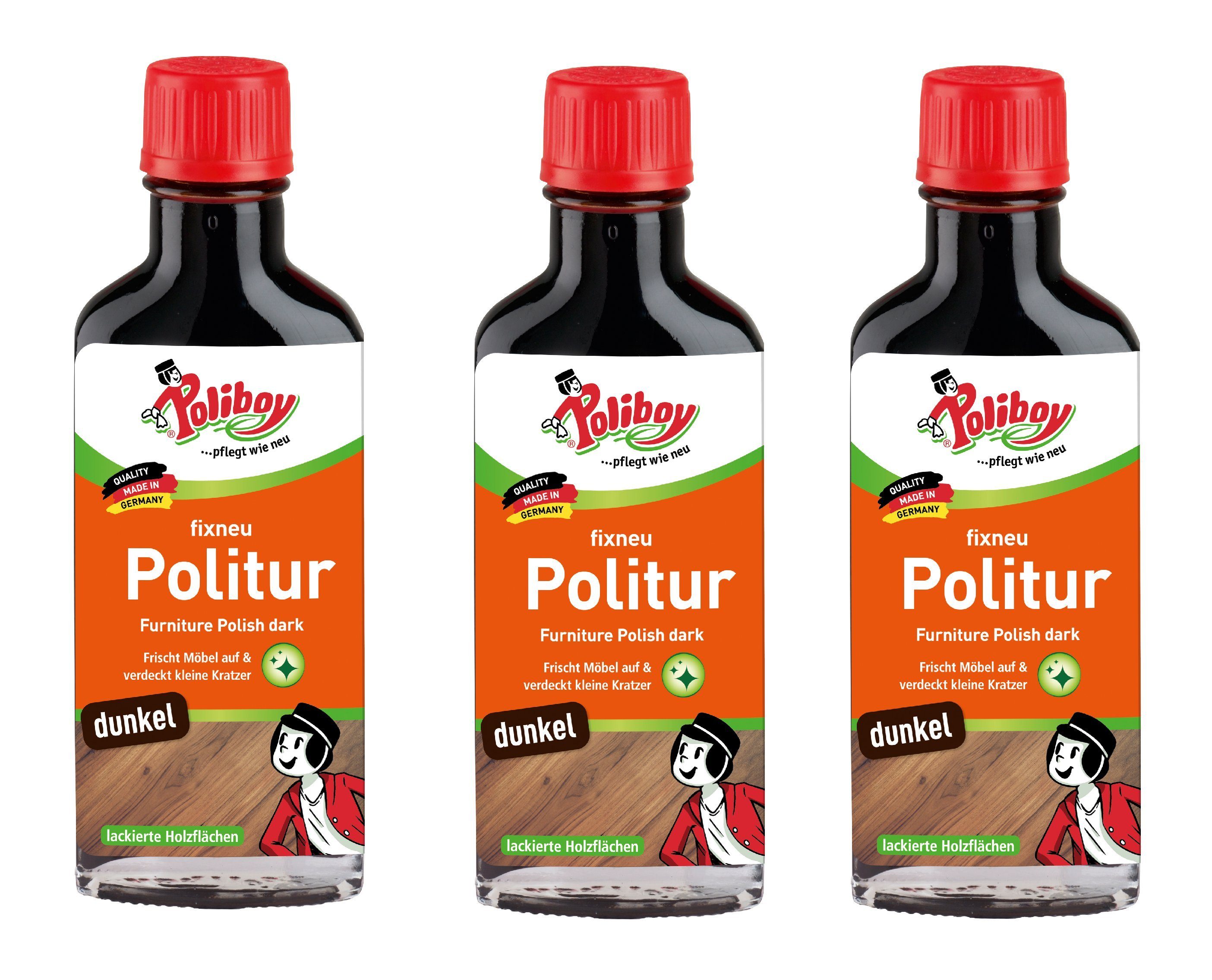 poliboy Fixneu Möbelpolitur dunkel - 3x100 ml Möbelreiniger (für dunkle Oberflächen - Made in Germany)