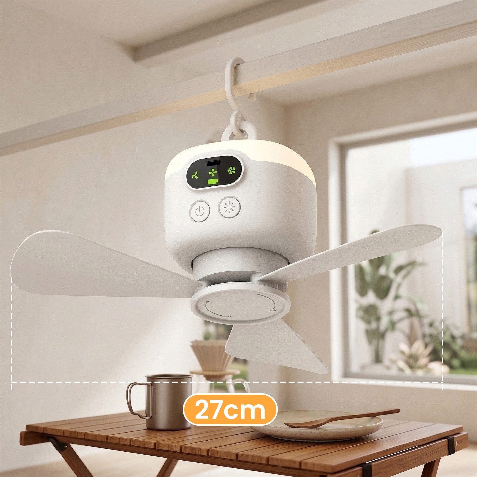 Lapamax Deckenventilator 27 cm Akku-Deckenventilator mit Licht, 8000 mAh und Fernbedienung, 27 cm Durchmesser, Vier Luftstufen, leiser DC-Motor sowie Timerwahl für 2, 4 oder 8 Std.