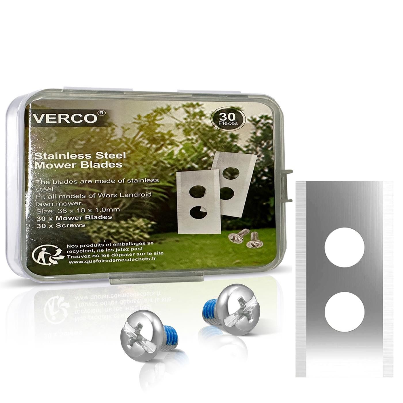 VERCO Mährobotermesser für Worx Mähmesser (inkl. Schrauben, 30 Stück), Edelstahl Messer Ersatz Klingen Set rostfrei silberfarben