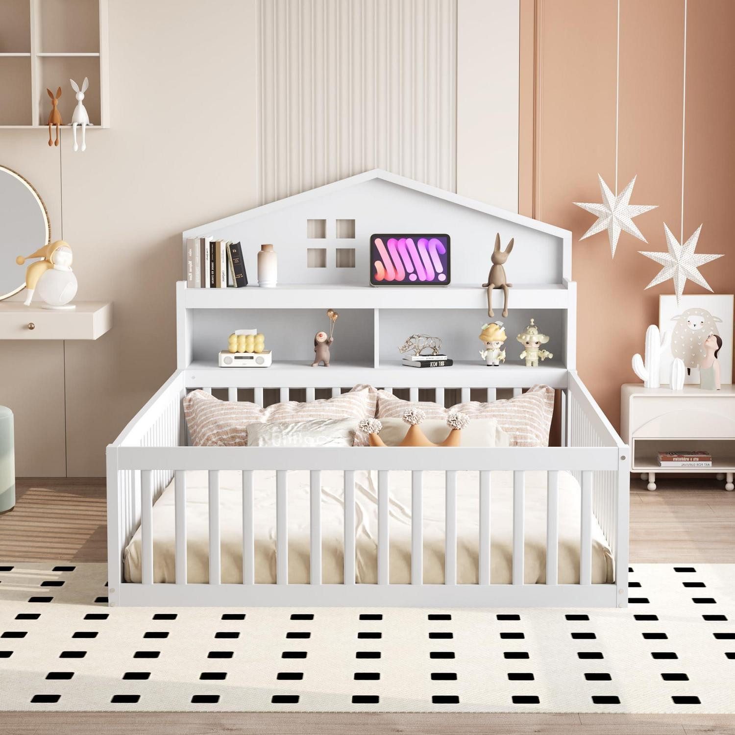 LuxusKollektion Hausbett Kinderbett Bodenbett Haus 140x200 Weiß mit Tür