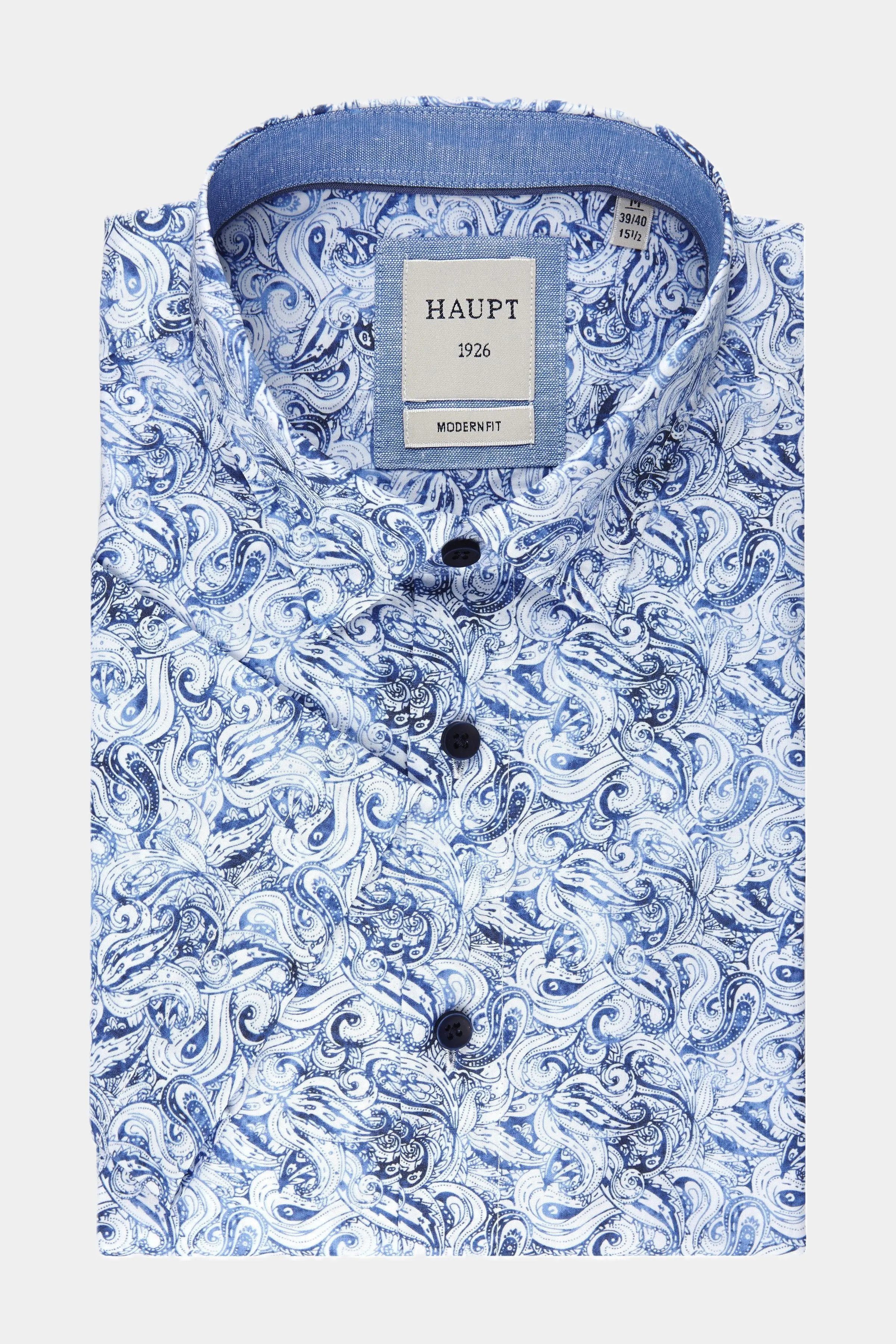 Haupt Kurzarmhemd Modern Fit Kurzarm Baumwoll-Herrenhemd Navy Print Style Sommer