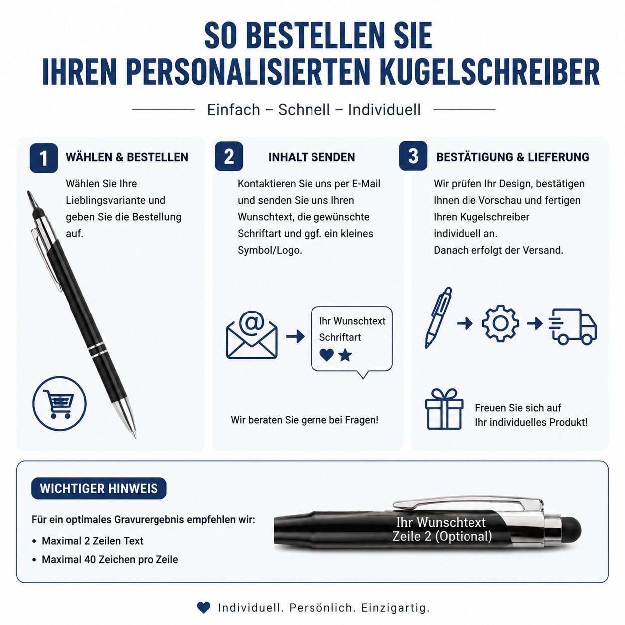 lindahandel Kugelschreiber Personalisierter Kugelschreiber mit Gravur, individueller Name Text, blaue Tinte, Geschenk für Geburtstag Büro,Metall Kugelschreiber